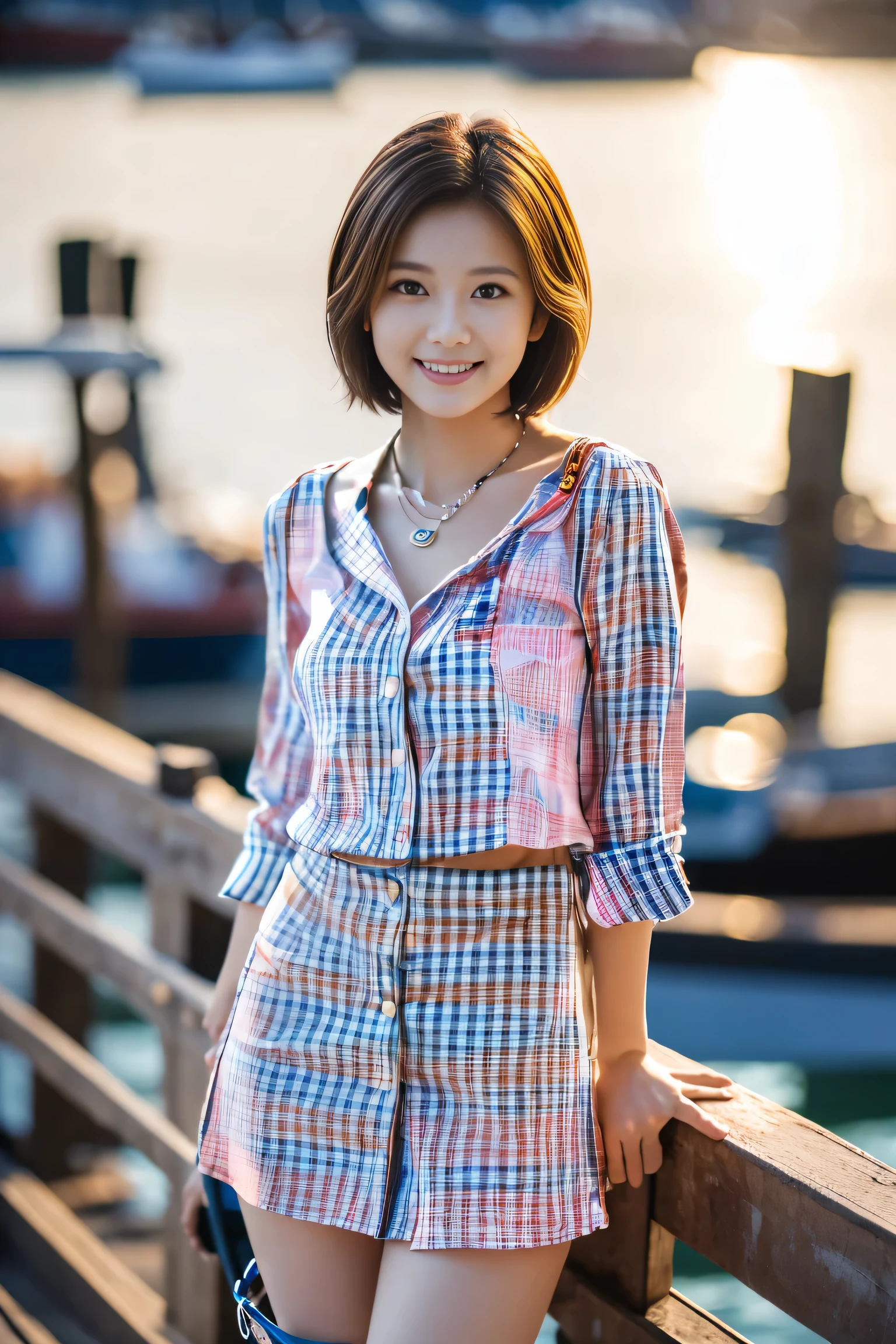 (Full body shot from head to toe:1.5),(18-year-old female), (The best quality at its best:1.4), (Super detailed), (Very detailed CG unified 16k), Beautiful woman with perfect figure: 1.4, Sharp focus: 1.2, Very detailed, High-quality RAW color photos, Professional photography, Great face and eyes, Beautiful eyelashes、(Amazingly beautiful girl),((White Flared Cart:1.5)), ((Pink gingham check shirt:1.5)), Are standing, Sexy posture,(harbor:1.3), (View from below), Realistic movie faces, Realistic, ((Natural light brown hair color, Realistic blue eyes)),( Short Bob Hair:1.5), (necklace:1.5)、Very beautiful face, Perfect model beauty, Mouth swelling, Highly detailed face and skin texture, double eyelid, Medium chest, smile, (masterpiece), highest quality, High resolution, Very detailed, Blurred Background, Cinema Lighting, Great legs, High heels, Clear, well-maintained skin,