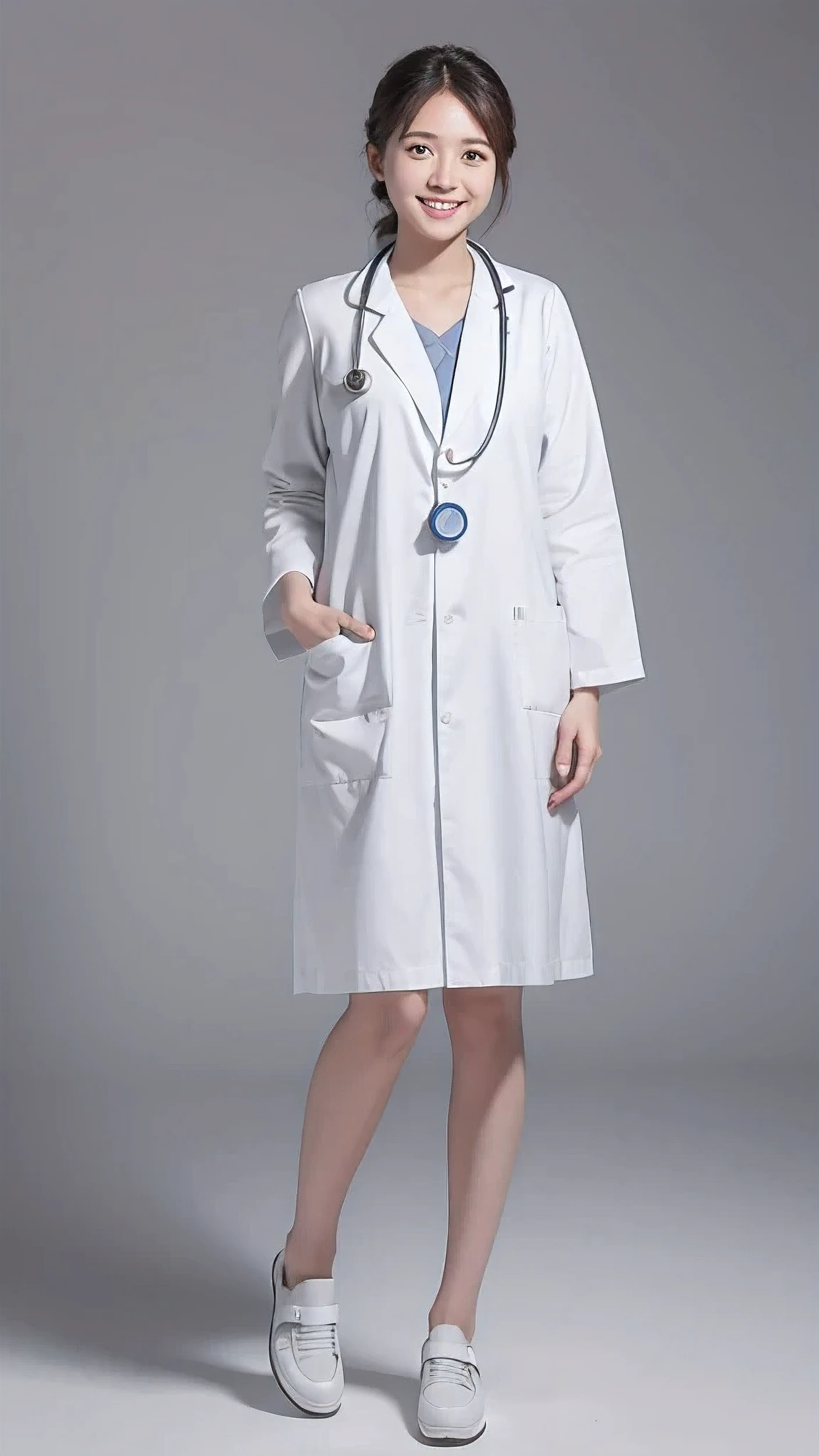 Full body standing ,smiling doctor girl in white doctor uniform with a stethocope strapped to his neck, in a gray plain background