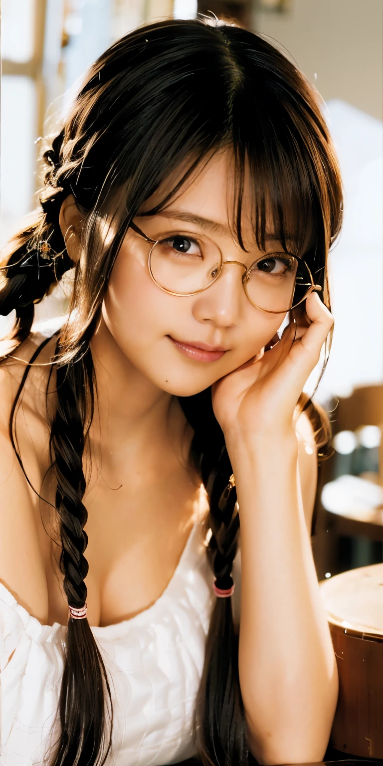 Best image quality、136), (Busty:1.46), (l tits ipst tits ,Raccoon、メタルフレームRound Glasses、thin frame glasses、Braided Pigtails、round glass glasses、Funny woman with twin tails、Round-faced beauty、Clear eyes、Long eyelashes、(Wear glasses,Round Glasses、Round Glasses、Braided Pigtails、tits、