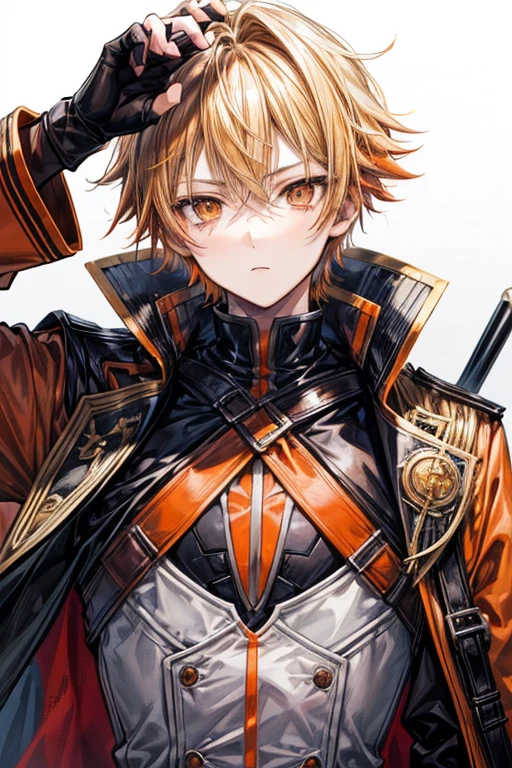 (masterpiece, best quality, perfect face, expressive eyes), 1boy, (anime), (male), (adult), blonde hair, orange gradient hair, orange eyes, brown vest, black fingerless gloves, coat cape, 