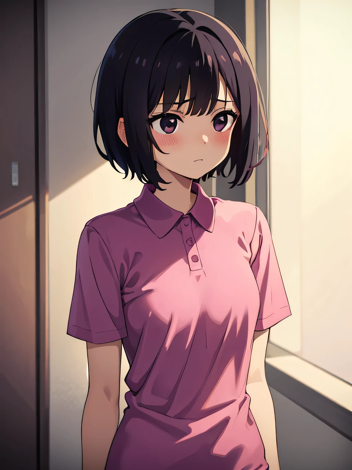 1. Beautiful girl in a magenta polo shirt, short hair, Small breasts, Embarrassing, Beautiful fingers, Shyness, worries, Black Hair, No underwear, Bending over, naked, nude, black eyes, hospital, beautiful, cute, high quality, short sleeves No bra