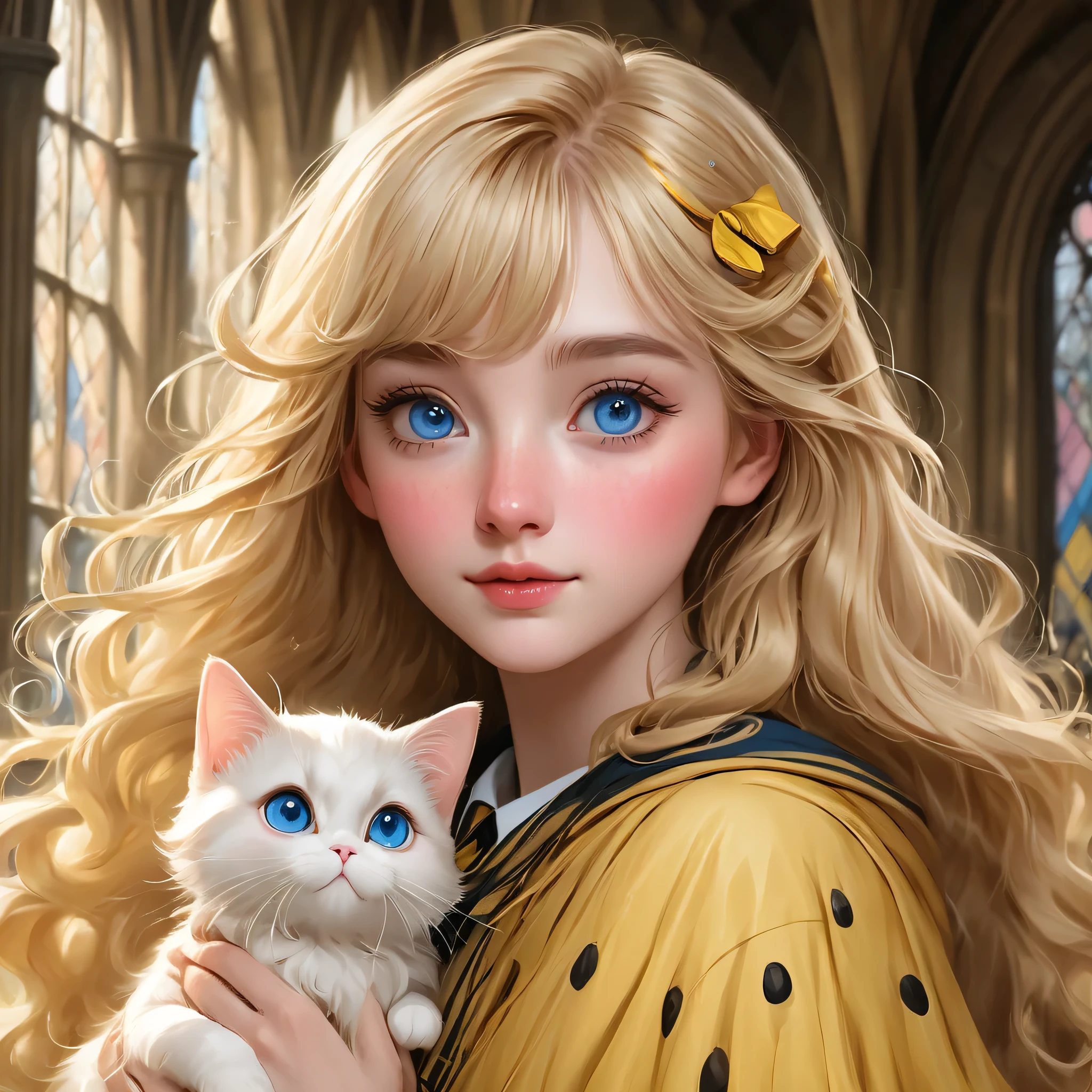 best quality, Masterpiece, Hogwarts students, Hufflepuff, Long blonde hair with bangs, Beaming, misbehave, freckles, blue eyes,Big, round eyes with luxurious, detailed eyelashes., detailed face, Fine skin,In Hufflepuff robes, background hogwarts, Realistic style, Magic Pink Theme, Raising a fat, white cat, Marie., 