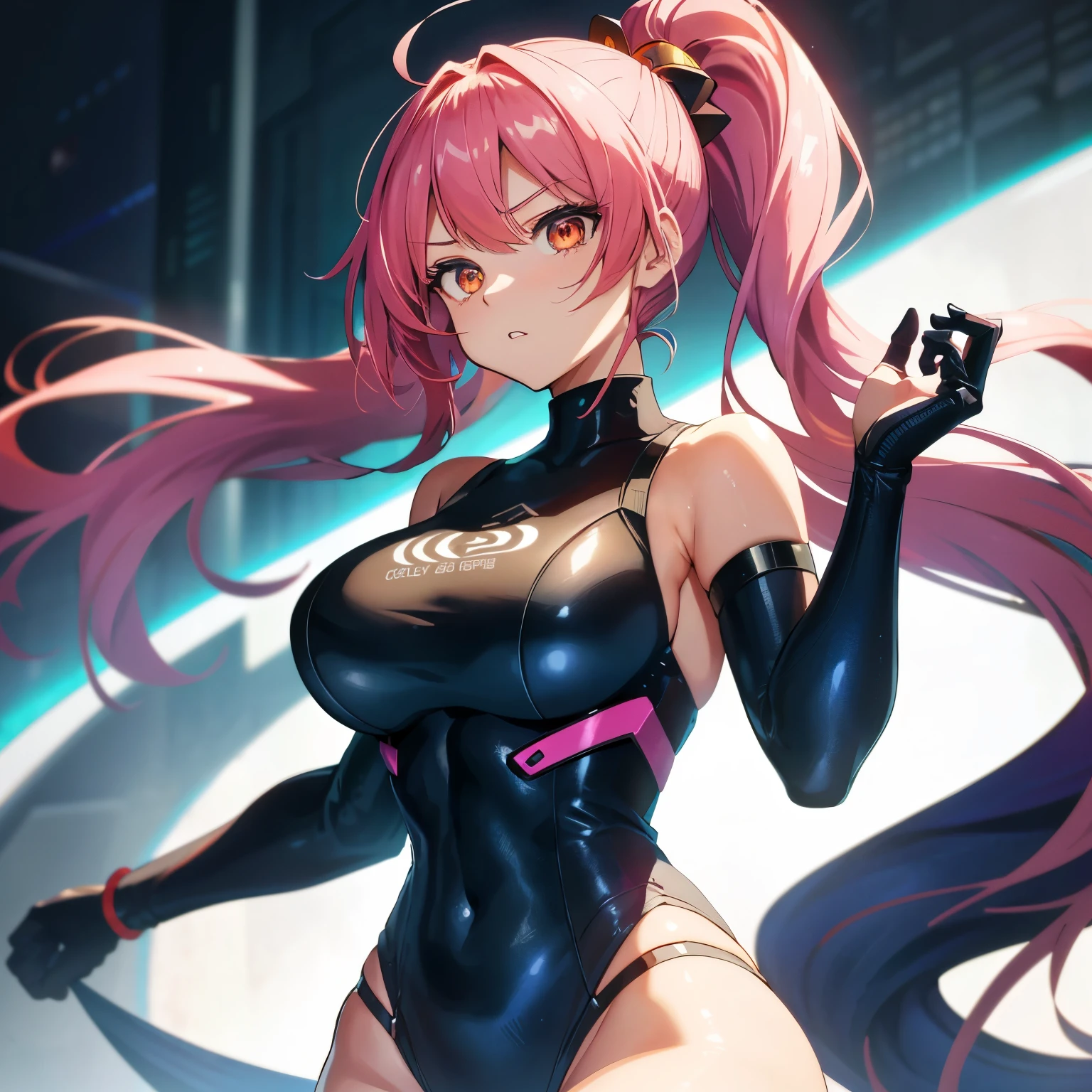Big anime girl, ultrarealistic rendering, (extremely detailed), csgo art, (stylized), cute, (lovely), (sexy), (graceful curves), 4K, ultra-high definition, stunningly beautiful, anime style:1.2, bouncy ponytail, oversized eyes, long lashes, rosy cheeks, (pouting lips), elegant pose, dynamic and expressive, (vibrant colors), sharp details, (shimmering skin), (glistening body), intricate clothing design, (determined expression)