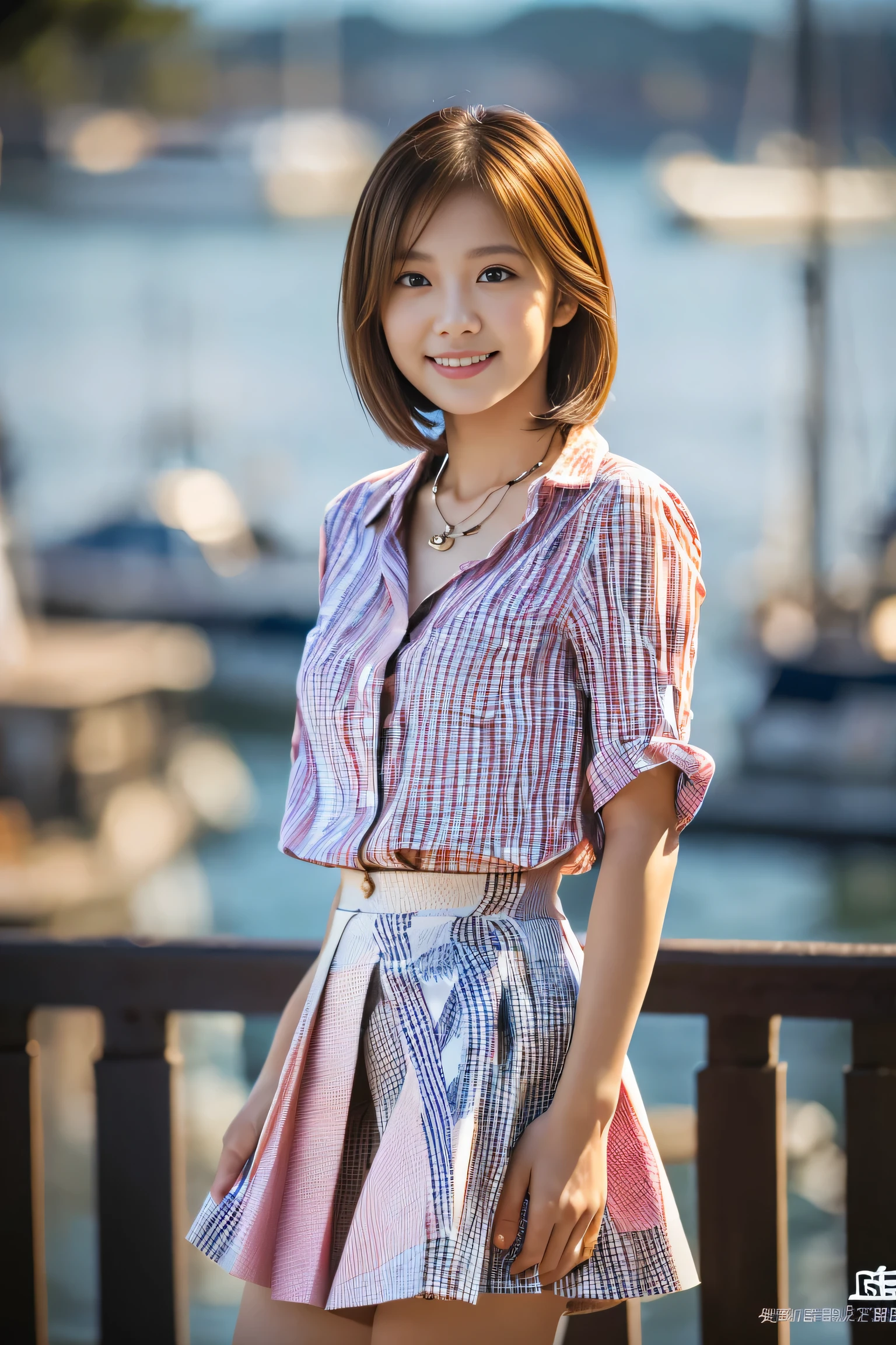 (Full body shot from head to toe:1.5),(18-year-old female),((White flared skirt:1.5)), (The best quality at its best:1.4), (Super detailed), (Very detailed CG unified 16k), Beautiful woman with perfect figure: 1.4, Sharp focus: 1.2, Very detailed, High-quality RAW color photos, Professional photography, Great face and eyes, Beautiful eyelashes、(Amazingly beautiful girl),((Pink gingham check shirt:1.5)), Are standing, Sexy posture,(harbor:1.3), (View from below), Realistic movie faces, Realistic, ((Natural light brown hair color, Realistic blue eyes)),( Short Bob Hair:1.5), (necklace:1.5)、Very beautiful face, Perfect model beauty, Mouth swelling, Highly detailed face and skin texture, double eyelid, Medium chest, smile, (masterpiece), highest quality, High resolution, Very detailed, Blurred Background, Cinema Lighting, Great legs, High heels, Clear, well-maintained skin,