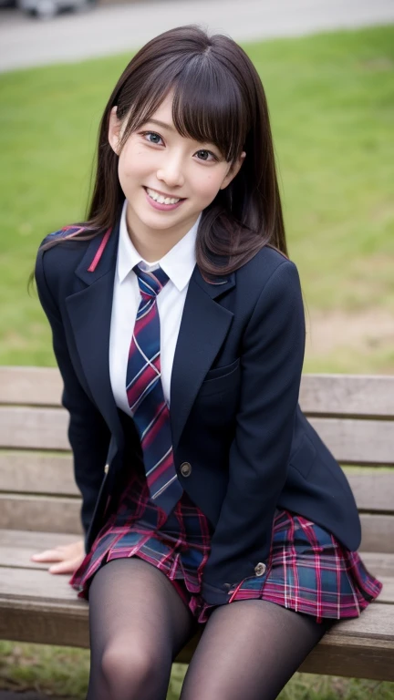 (8K), (highest quality: 1.2), (Realistic), (Realistic: 1.37), Ultra-high resolution, 1 girl, cute, (Embarrassed smile:1.2), (Blushing:1.4),Mouth closed, Beautiful details, Beautiful Nose, Wet Hair, giant dulcefo, pork, Thighs,Navel exposed,University Student Uniform,(A simple blazer:1.2),Pleated skirt,(The skirt and tie are tartan check pattern.:1.3),Platform boots, (sitting on a park bench:1.2),(Shiny Thighs:1.2), medium shot