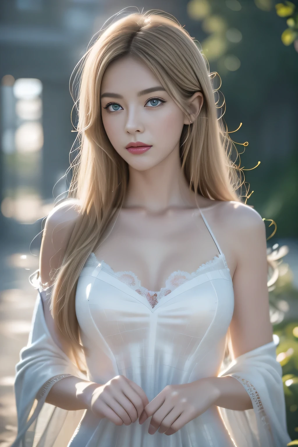 European and American women, A fashion model, Wearing a white fluffy dress, Glamour, paparazzi taking pictures of her, Blonde hair, Brown eyes, 8K, High quality, Masterpiece, Best quality, HD, Extremely detailed, voluminetric lighting, Photorealistic