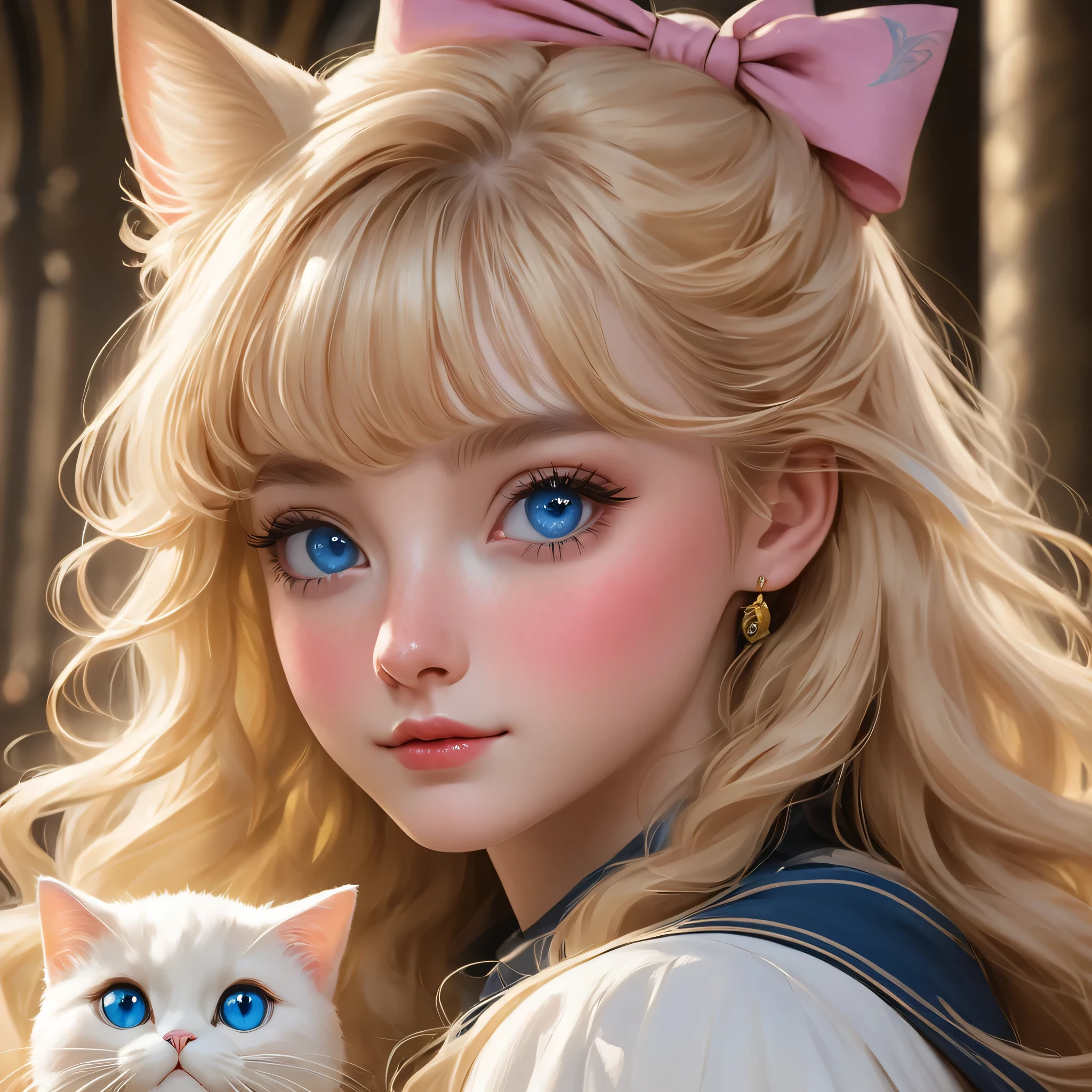 best quality, Masterpiece, Hogwarts students, Hufflepuff, Long blonde hair with bangs, Beaming, misbehave, freckles, blue eyes,Big, round eyes with luxurious, detailed eyelashes., detailed face, Fine skin,In Hufflepuff robes, background hogwarts, Realistic style, Magic Pink Theme, Raising a fat, white cat, Marie., 