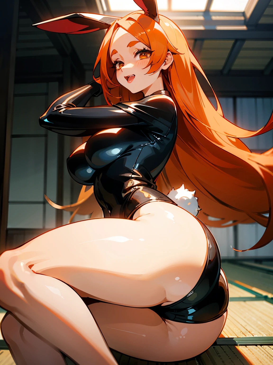 Anime girl with big legs, crouched in front of a Japanese house, opens her surprisingly large mouth wearing a rabbit costume. Her orange hair is messy, and a black forehead band accentuates her perfect, detailed features, reminiscent of Lina Inverse from the 1990s anime. Her big hips and curves fill out the old house, and as she gets up, she raises her hand, revealing her futanari status under the humongous, best quality, huge ass, swelling with excitement and contours in the latex luster of her body-hugging suit.