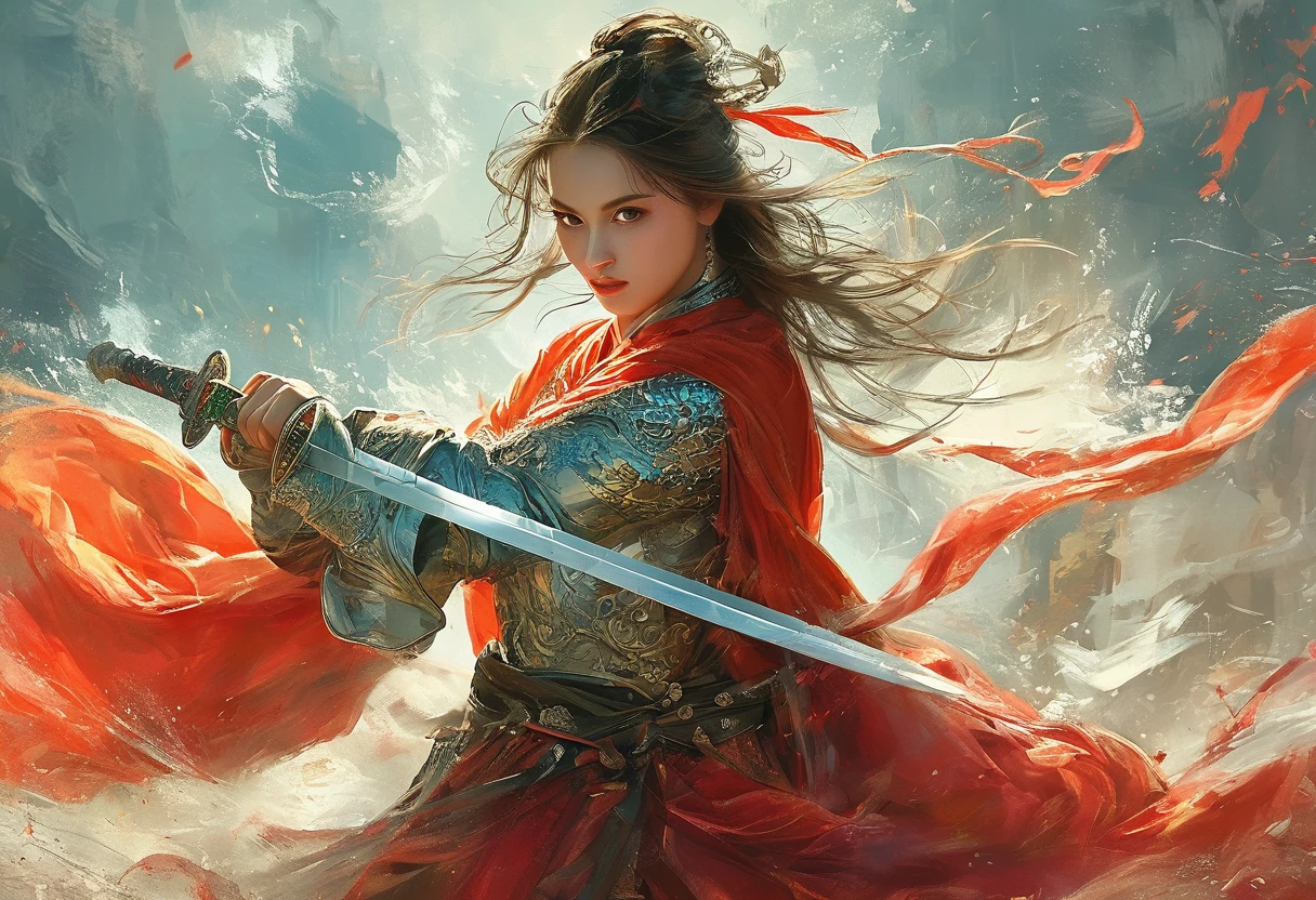 A female swordman,medieval art, 1sword:2, Sword in both hands,Hold the hilt of a sword in your hand:2,Horizontal Sword,heroic figure,traditional costume,detailed and sharp sword, intense eyes and focused expression, dynamic pose, dramatic lighting, vibrant colors, high contrast, epic landscape background, misty atmosphere, action-packed, dynamic brushwork, oil painting style, ultra-high resolution, fine details, professional quality.xianxia,guofeng,anatomical correct:2