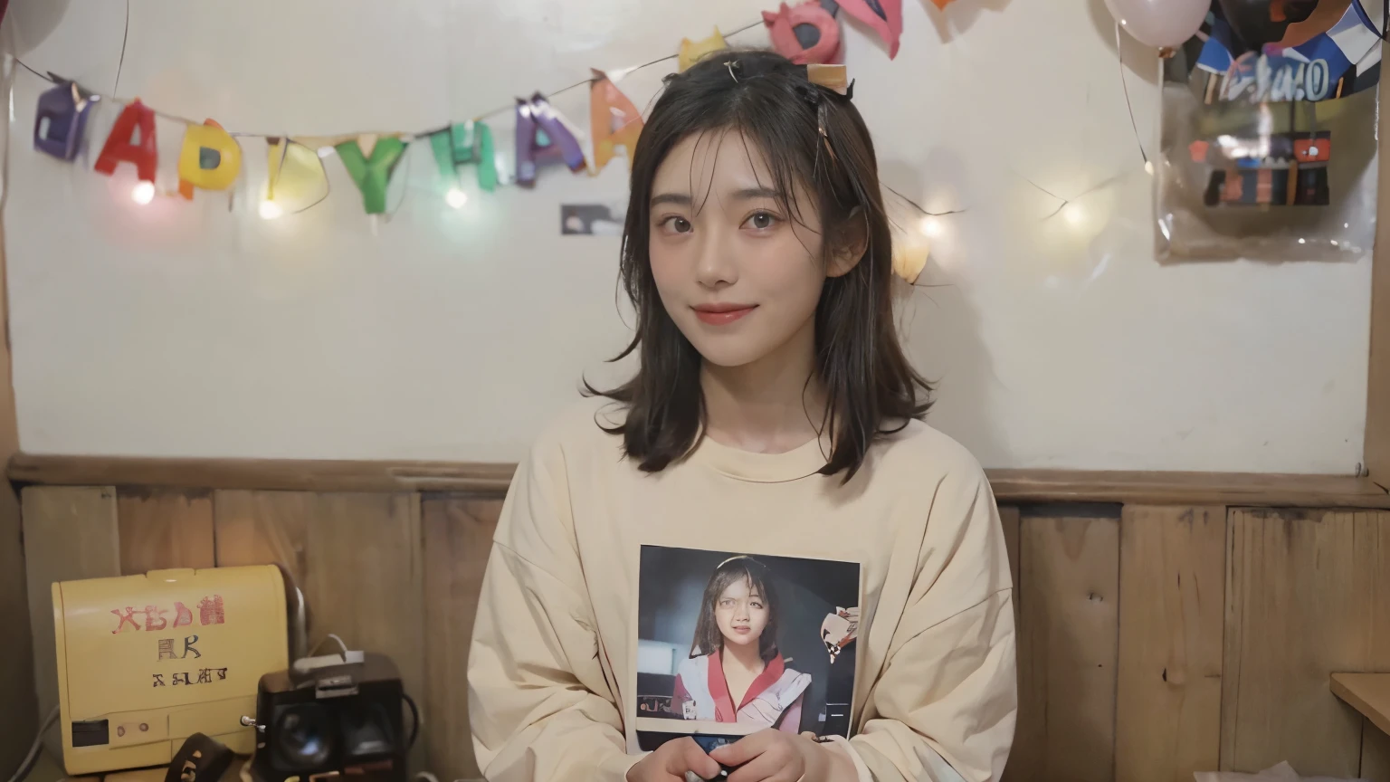 1 girl, Japanese, (alone), (chest up shot), 18-year-old student, (Having fun at a birthday party), holding a Polaroid camera, (A detailed face), skin textured, Adult face, brown hair, (Cute long sleeve t-shirt), , in a house, 25mm lens portrait 80s style, vintage look