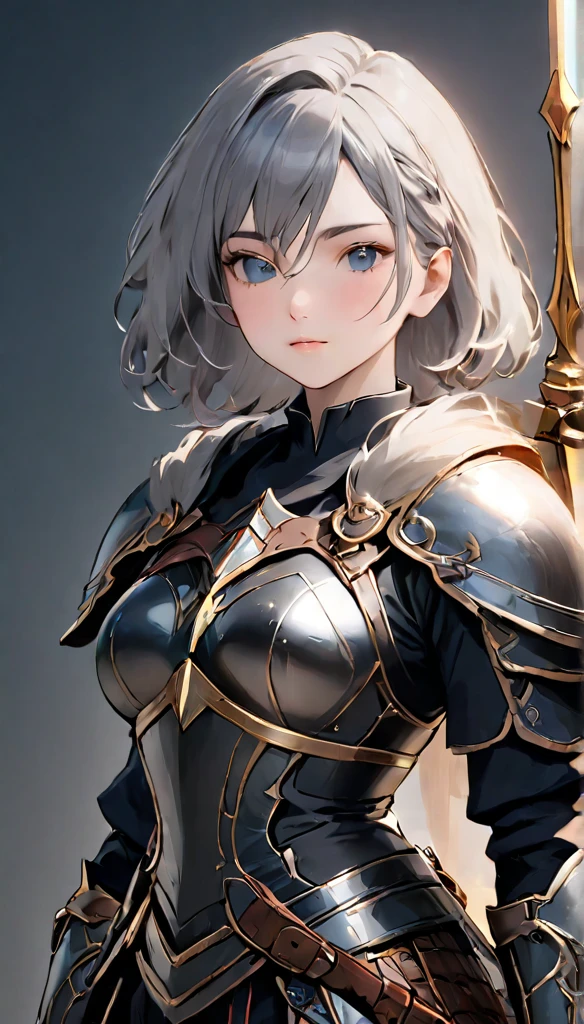 female adventurer, full body, Game Art Style, (masterpiece), highest quality, High resolution, 4k, 8K, Detail view, intricate details, cinematic lighting, amazing quality, 1 girl, A bold female warrior in black armor,jet black armor、Amazoness,gray hair, great shading, soft lighting, Face-to-face camera, perfect eyes, (chubby:1.2), (huge breasts:1.2),
