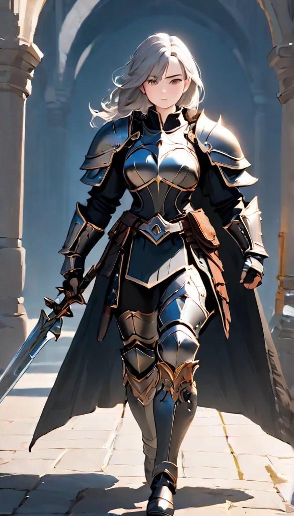 female adventurer, full body, Game Art Style, (masterpiece),  highest quality, High resolution, 4k, 8K, Detail view, intricate details, cinematic lighting, amazing quality, 1 girl, A bold female warrior in black armor,jet black armor、Amazoness,gray hair, great shading, soft lighting, Face-to-face camera, perfect eyes, (chubby:1.2), (huge breasts:1.2),