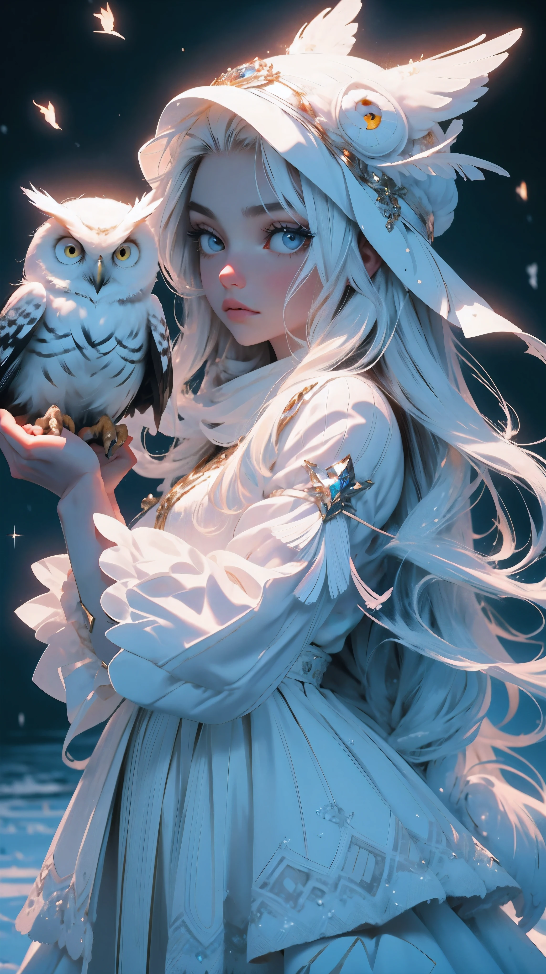 close up, beautiful young girl, white long hair, black eyes, white dress, white owl in the hands, girl holding owl, snowy landscape, 8k, high detailed, high realism, dark fantasy art