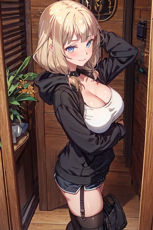 (from above:1.2),(from side:0.9), ((Face)), (Close-Up:0.4), 1female, teacher, wearing a hoodie, bootyshorts, Thicc, small breast, light colored hair, long hair, blue eyes, face to detail, detailed eyes, the background is a pizzaria, smiling, highest quality, (RAW photo:1.2)(Curve,Model,glamor:1.5),Beautiful breasts,(pointed chest:1.0),Farbe_aberration,beautiful detailed shadow,Beautiful eyes,Beautiful body,Beautiful skin,beautifull hands,(medium_breasts:1.5),Brown hair,watching at viewers,black suspenders,Bulging big,breasts,walls: Black miniskirt, garters, Gaze, Small face,bangss,holster,Beautuful Women,hands up,leg holster,Gaze,black boots panty shot, provocation,flank,flank sweat soio,arm,,narrow waist,(with sparkling eyes and a contagious smile),her thin pubic hair, looking at viewer, posed cleavage:1.2,pose muy sexy"
