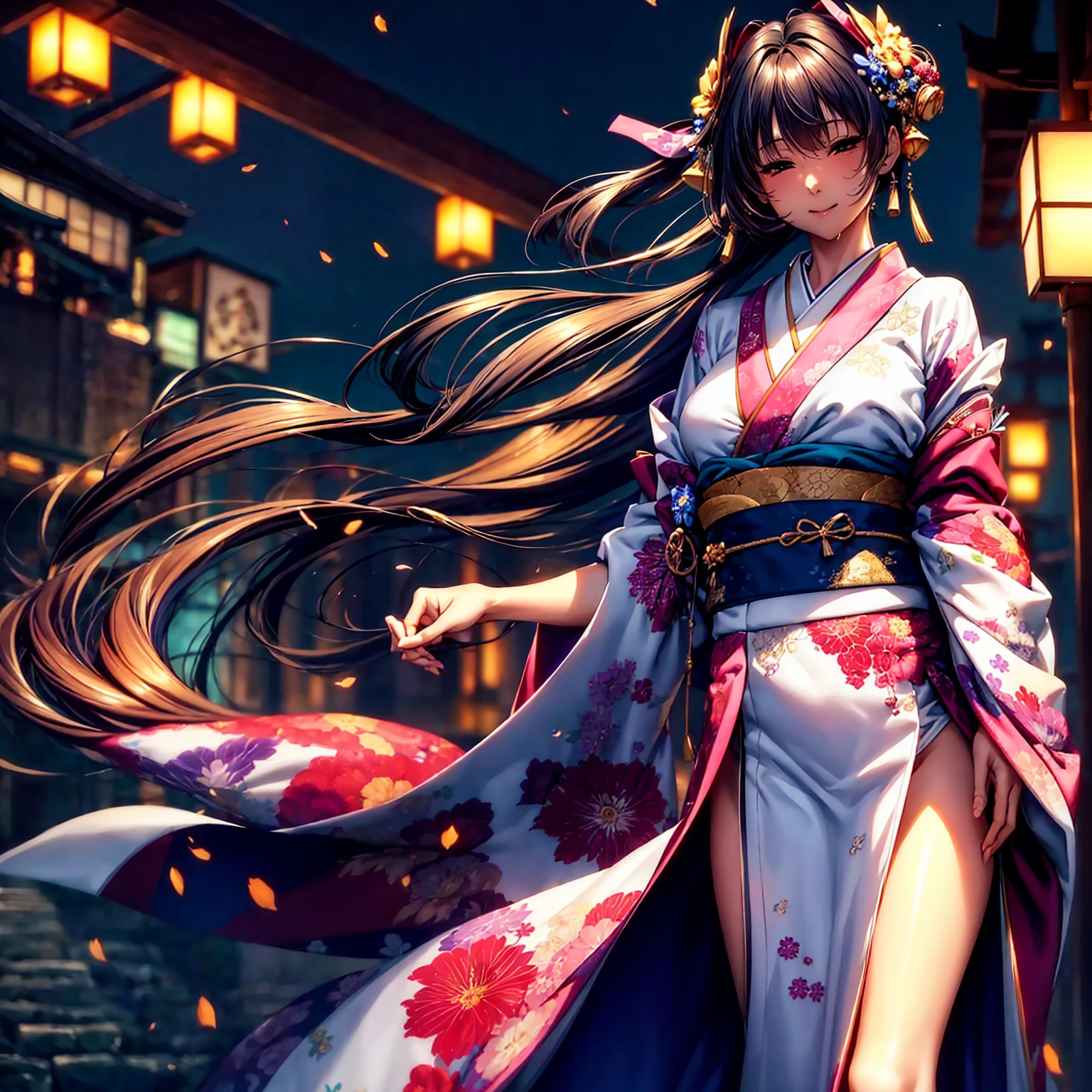 (highest quality、masterpiece、Very high resolution、超A high resolution,High resolution details 1.5)、A woman of perfect and ultimate beauty(24 years old 1.5)、(Beautiful breasts and figure 1.5)、Beautiful body、Beautiful Face、Big pink,Long Hair,Colorful and beautiful hair、Japanese hair ornaments,Realistic textured skin,Wearing a beautiful Japanese furisode,Kimono have colors and patterns.,The sleeves and obi of the kimono are long,Arms stretched out,Exposed shoulders from kimono,I can see her cleavage,Bright smile,Mouth open,Hair flutters under the influence of the wind,The sleeves and obi of the kimono flap in the wind..,it is a mysterious place,Wonderful night sky and beautiful full moon,Lantern Light,Beautiful views、(whole body,I can see your thighs,Accurate anatomy、Highly detailed images、Accurate Images、Perfect Image 1.5)、、Beautiful Anime Women, Beautiful art style, Anime characters、Overall image、Detailed Images、Flawless images、Natural soft light、Beautiful images、、(Best Shot 1.2)