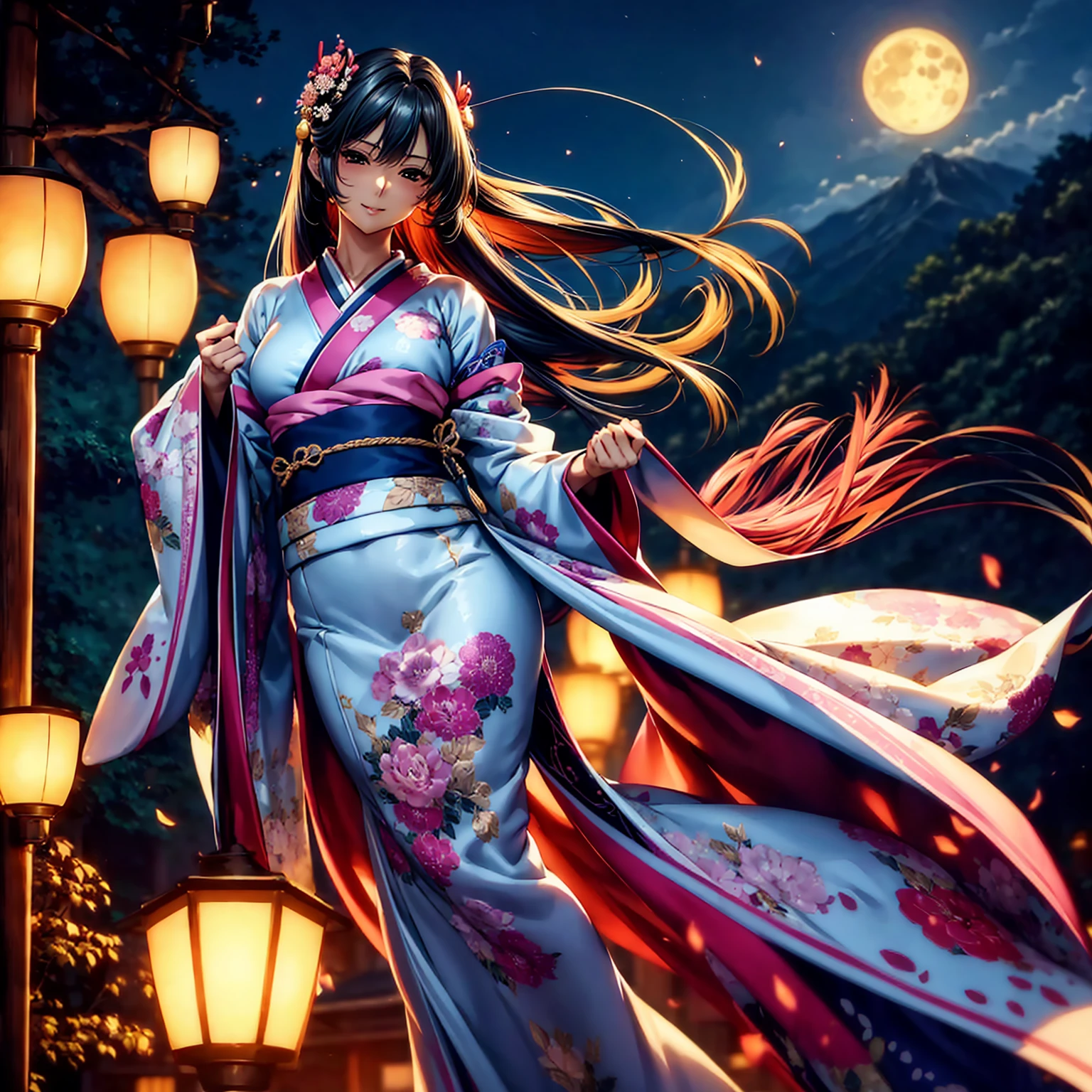 (highest quality、masterpiece、Very high resolution、超A high resolution,High resolution details 1.5)、A woman of perfect and ultimate beauty(24 years old 1.5)、(Beautiful breasts and figure 1.5)、Beautiful body、Beautiful Face、Big pink,Long Hair,Colorful and beautiful hair、Japanese hair ornaments,Realistic textured skin,Wearing a beautiful Japanese furisode,Kimono have colors and patterns.,The sleeves and obi of the kimono are long,Arms stretched out,Exposed shoulders from kimono,I can see her cleavage,Bright smile,Mouth open,Hair flutters under the influence of the wind,The sleeves and obi of the kimono flap in the wind..,it is a mysterious place,Wonderful night sky and beautiful full moon,Lantern Light,Beautiful views、(whole body,I can see your thighs,Accurate anatomy、Highly detailed images、Accurate Images、Perfect Image 1.5)、、Beautiful Anime Women, Beautiful art style, Anime characters、Overall image、Detailed Images、Flawless images、Natural soft light、Beautiful images、、(Best Shot 1.2)