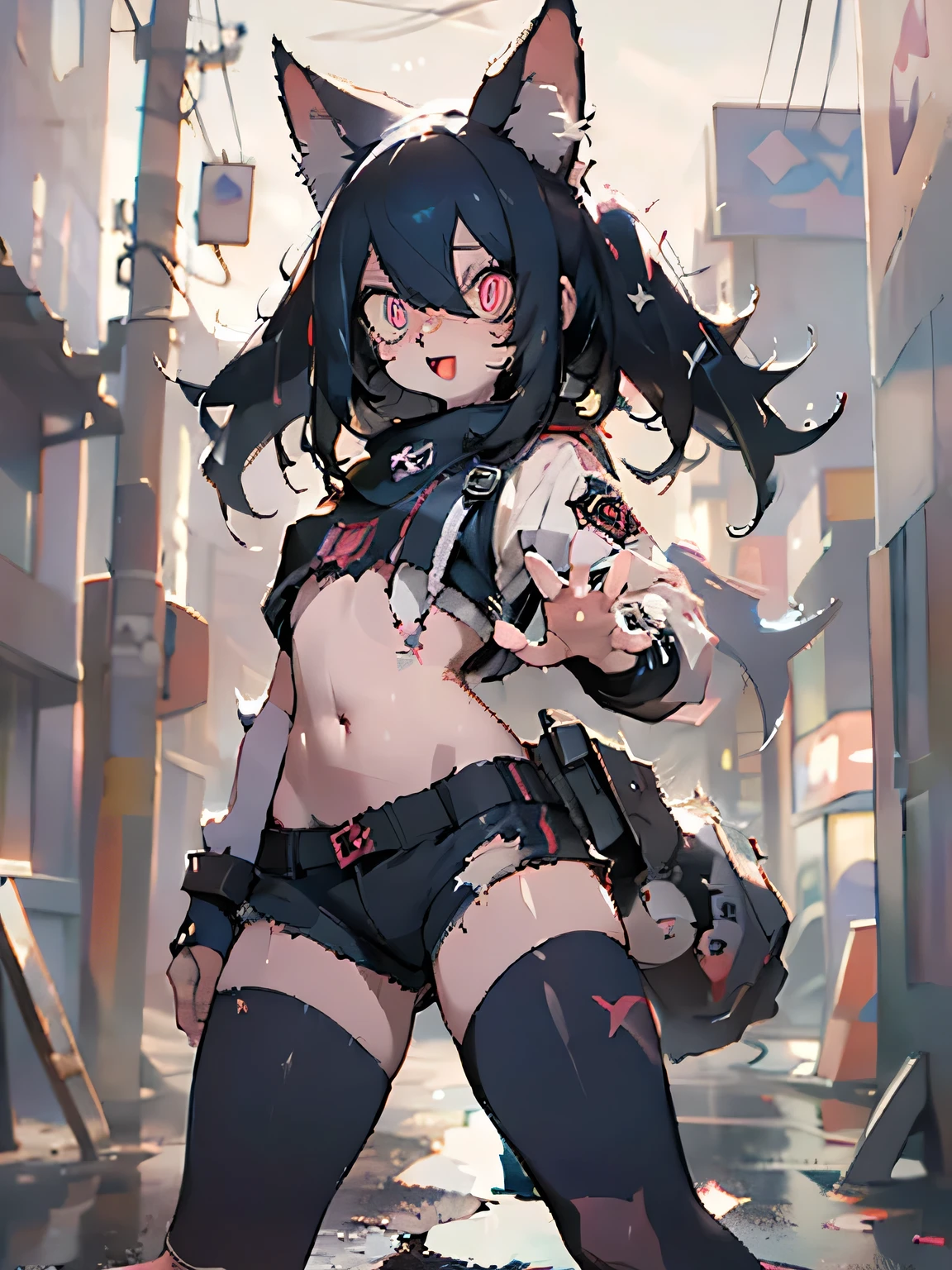 solo,1woman\(cute,kawaii,evil smile,floating hair,messy hair,(black hair:1.2),long hair,twin tails hair,pale skin,skin color blue,red eyes,eyes shining,big eyes,(ripped clothes:1.5),tight tube top,(breast:1.4),tight hot pants,(dynamic pose:1.7),(stomach shown:1.4),(punk fashion:1.4),fluffy black cat-ear,(dynamic pose:1.4),open mouth,better hands,Perfect Hands\), BREAK ,background\(outside,noisy city,backstreet,narrow street,(dark:2.0),neon lights\),[chibi],[nsfw:2.0],quality\(8k,wallpaper of extremely detailed CG unit, ​masterpiece,hight resolution,top-quality,top-quality real texture skin,hyper realisitic,increase the resolution,RAW photos,best qualtiy,highly detailed,the wallpaper/),(close up:1.0)