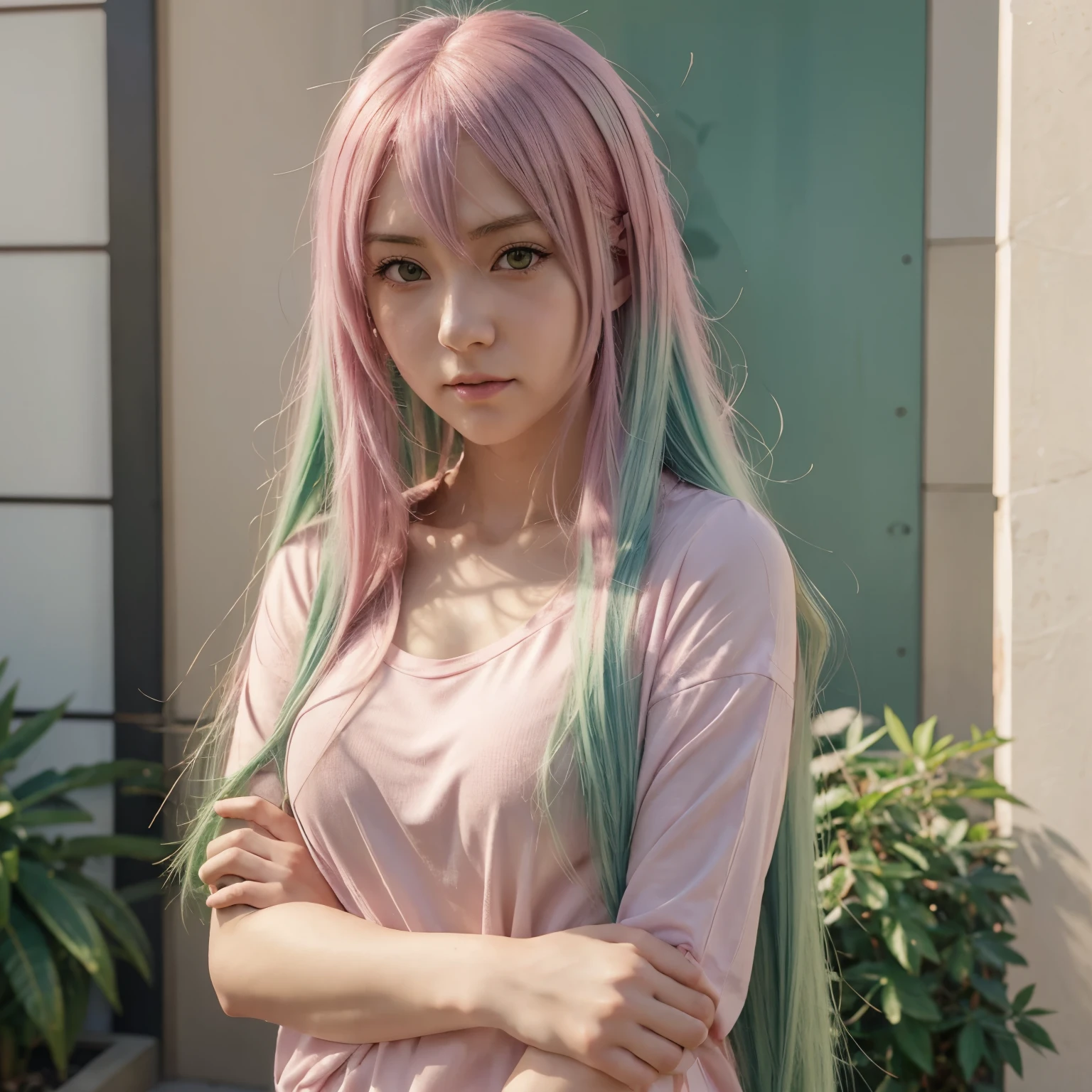 Anime girl with long green hair in a pink shirt, clear light and shadow, in anime style, in anime style, Anime style characters, Fubuki, Anime style pictures, realistic anime art style, digital anime art!!, Semi-realistic anime style, anime art style, colored straight lines, Anime style illustrations, Saiyan girl