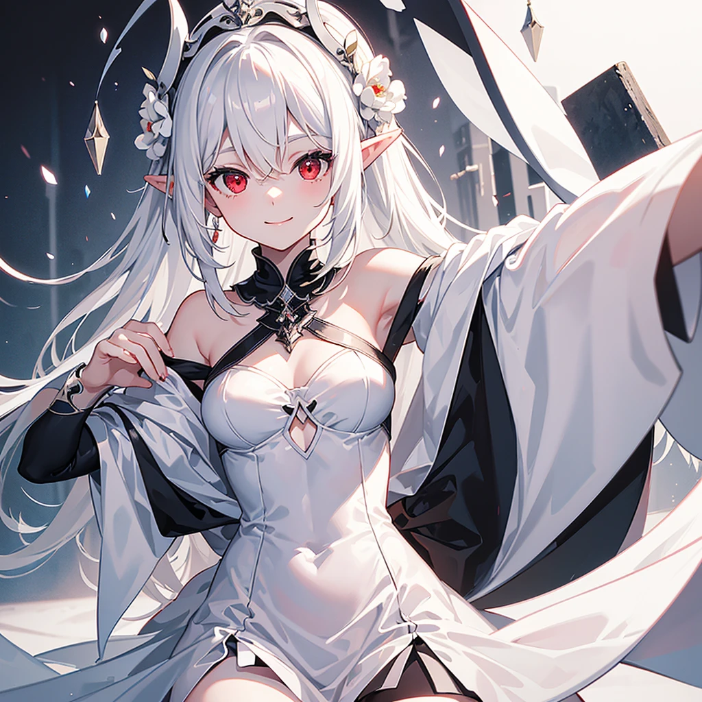 best quality, masterpiece, one girl, one person, cute, white hair, red eyes, thighhig, white dress, plain white background, subtle smile, soft lighting, medium breasts, monochrome, light novel style, elf, monochrome, black and white