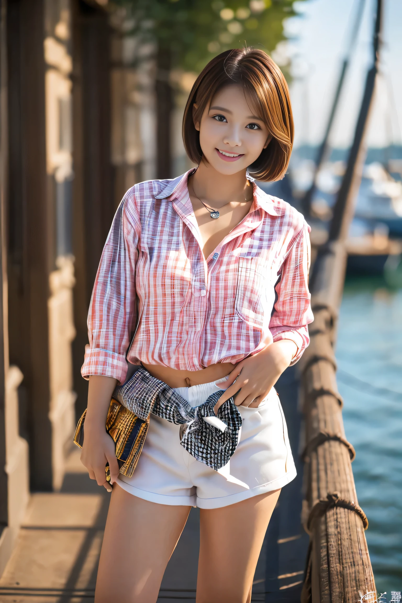 (Full body shot from head to toe:1.5),(18-year-old female),((White shorts:1.5)), (The best quality at its best:1.4), (Super detailed), (Very detailed CG unified 16k), Beautiful woman with perfect figure: 1.4, Sharp focus: 1.2, Very detailed, High-quality RAW color photos, Professional photography, Great face and eyes, Beautiful eyelashes、(Amazingly beautiful girl),((Pink gingham check shirt:1.5)), Are standing, Sexy posture,(harbor:1.3), (View from below), Realistic movie faces, Realistic, ((Natural light brown hair color, Realistic blue eyes)),( Short Bob Hair:1.5), (necklace:1.5)、Very beautiful face, Perfect model beauty, Mouth swelling, Highly detailed face and skin texture, double eyelid, Medium chest, smile, (masterpiece), highest quality, High resolution, Very detailed, Blurred Background, Cinema Lighting, Great legs, High heels, Clear, well-maintained skin,
