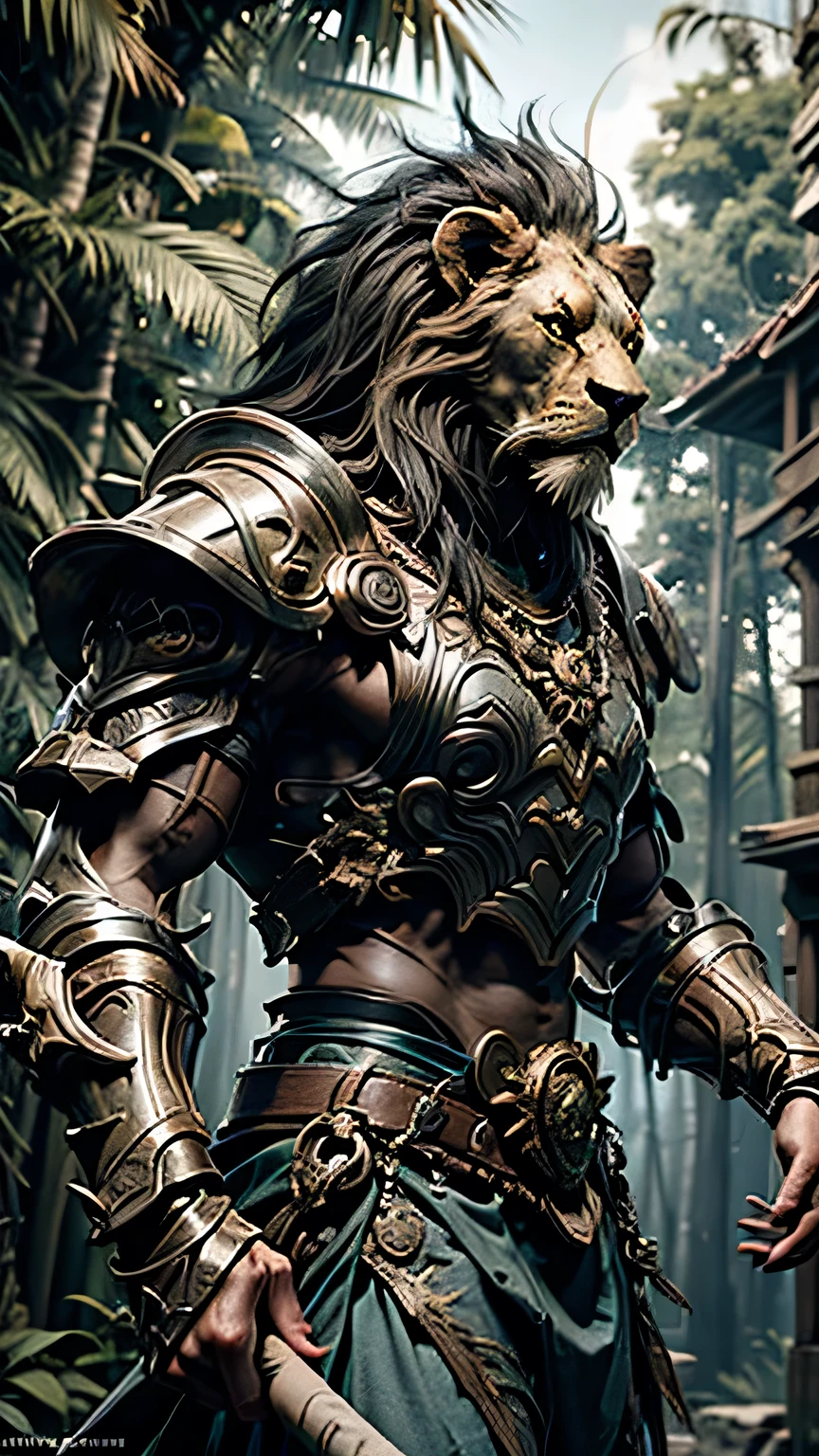 (Has an axe:1.3), (Lion head warrior:1.3), , , , Luxurious Armor, Dynamic pose, Cinematic lighting effects, Jungle Arena, Dynamic composition, (Beast Spectators:1.2), Full Plate Armor, , Face Shot, , (Martial Arts:1.1), , , , , , , , , , , , , , , , ,