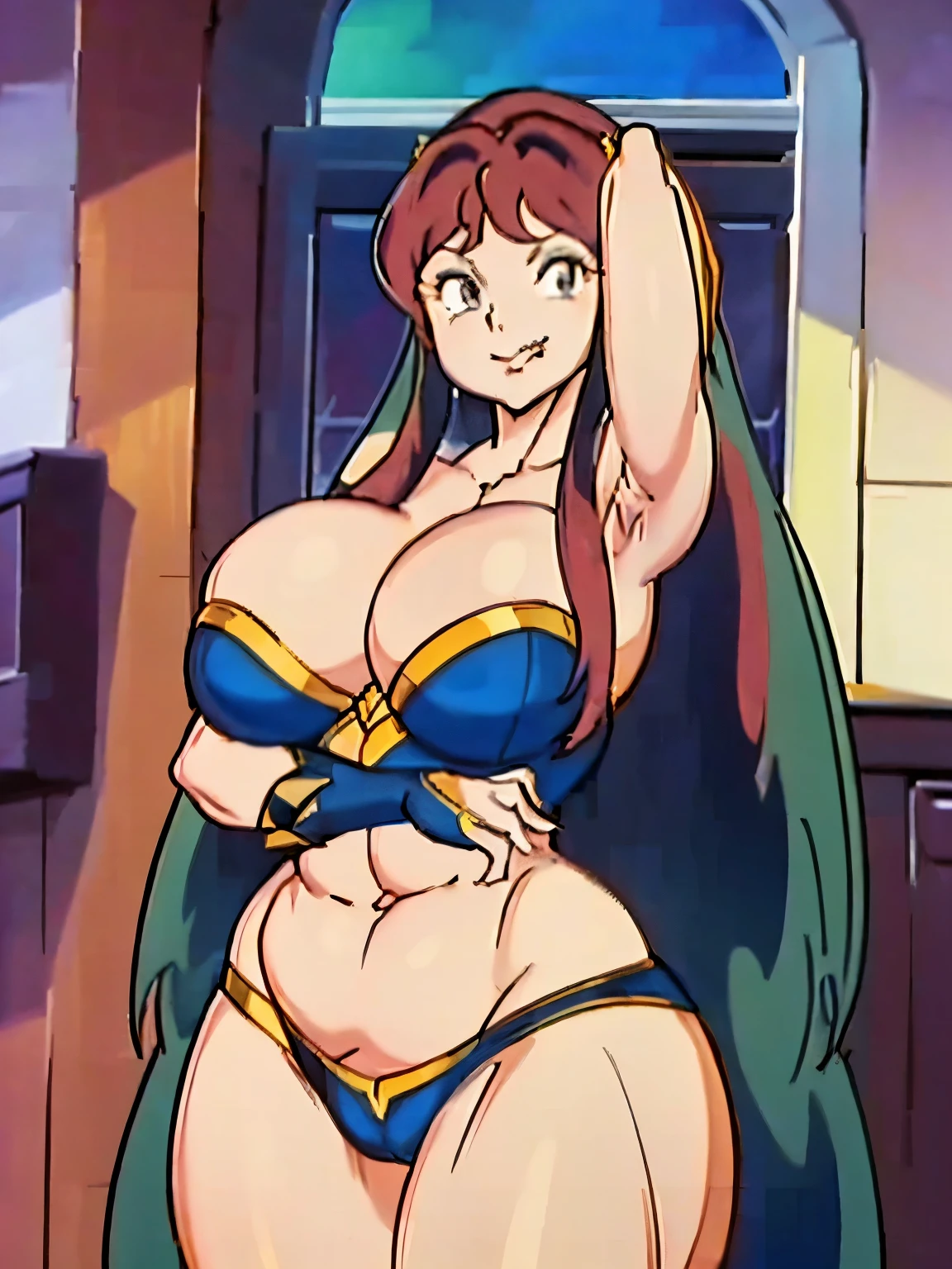 high-definition), (masterpiece:1.5), Sexy and curvaceous Lina Inverse, an iconic character from the iconic anime "Slayers" of the 1990s, is depicted in this masterpiece with a captivating presence. Her big hips and voluptuous figure are accentuated in her revealing outfit, leaving little to the imagination. With a playful expression, she sticks out her tongue and looks directly at the camera, inviting the viewer into her world. The details in this image are simply breathtaking - from the texture of her long, flowing red hair, to the intricacies of her armor, every element is rendered in ultra-high definition, show