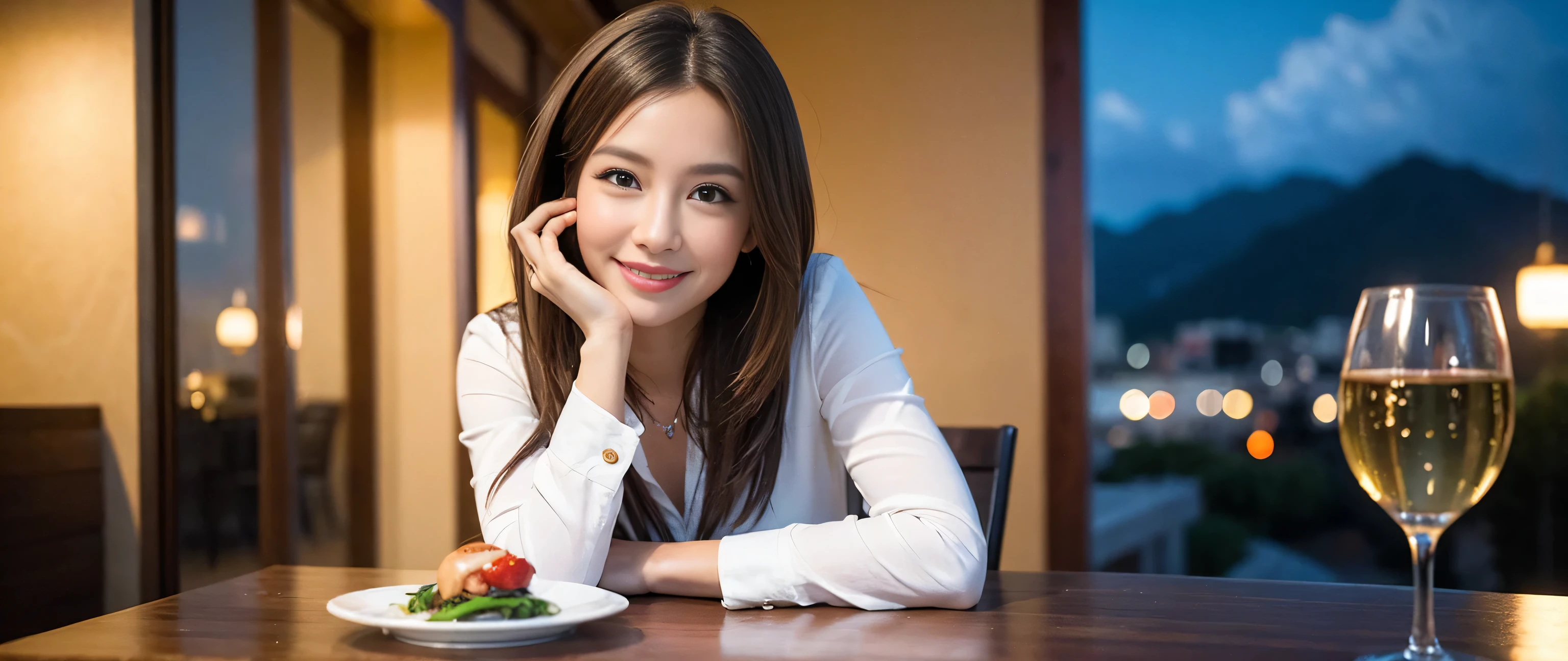 ((highest quality、8k、masterpiece:1.3))、Sharp focus:1.2、Beautiful woman perfect body:1.4、Slim body、((Bob Hale、Straight hair:1.2))、(to be born, highest quality, masterpiece:1.5), (Realistic, Intricate details:1.2), Ultra-high resolution, Put the light on your face、Amazing view of the sunset sky and clouds、Amazing mountain views、A bright smile、A lovely woman with a smile、Bright image、2. The beauty of wine, Beautiful Face, blue eyes, The light shines on your face, Blushing, short hair,Bright Face、Fox face、 (36 years old), 39 years old, Lady、red wine 、Appetizers、Italian food、Wine bottle、Champagne、sparkling wine、Two beauties、Brown Hair、Shortcuts、Long sleeve shirt、dress、Pretty Woman 1, (Slim face), (The body is slim), (Brown Hair), (Shortcuts), cheeks turn a little red,Attractive beauty、, Out of the window, A beautiful and detailed night view unfolds.........., restaurant, In a prominent place (From the waist up) Nova Frog Style, actress, model, Upper Body, White wine, slim, wine glass, A wine glass placed in the middle, smile, (smile: 1.15), Beautiful fine grain, Depth f/2,saturation, High Contrast, Strong light and shadow,Moist Body:1.5、3D texture、Delicate eyes、Brown Hair、The hair is very shiny、