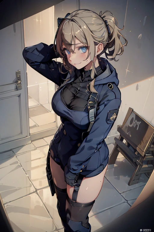 (from above:1.2),(from side:0.9), ((Face)), (Close-Up:0.4), 1female, teacher, wearing a hoodie, bootyshorts, Thicc, small breast, light colored hair, long hair, blue eyes, face to detail, detailed eyes, the background is a pizzaria, smiling, highest quality, (RAW photo:1.2)(Curve,Model,glamor:1.5),Beautiful breasts,(pointed chest:1.0),Farbe_aberration,beautiful detailed shadow,Beautiful eyes,Beautiful body,Beautiful skin,beautifull hands,(medium_breasts:1.5),Brown hair,watching at viewers,black suspenders,Bulging big,breasts,walls: Black miniskirt, garters, Gaze, Small face,bangss,holster,Beautuful Women,hands up,leg holster,Gaze,black boots panty shot, provocation,flank,flank sweat soio,arm,,narrow waist,(with sparkling eyes and a contagious smile),her thin pubic hair, looking at viewer, posed cleavage:1.2,pose muy sexy"
