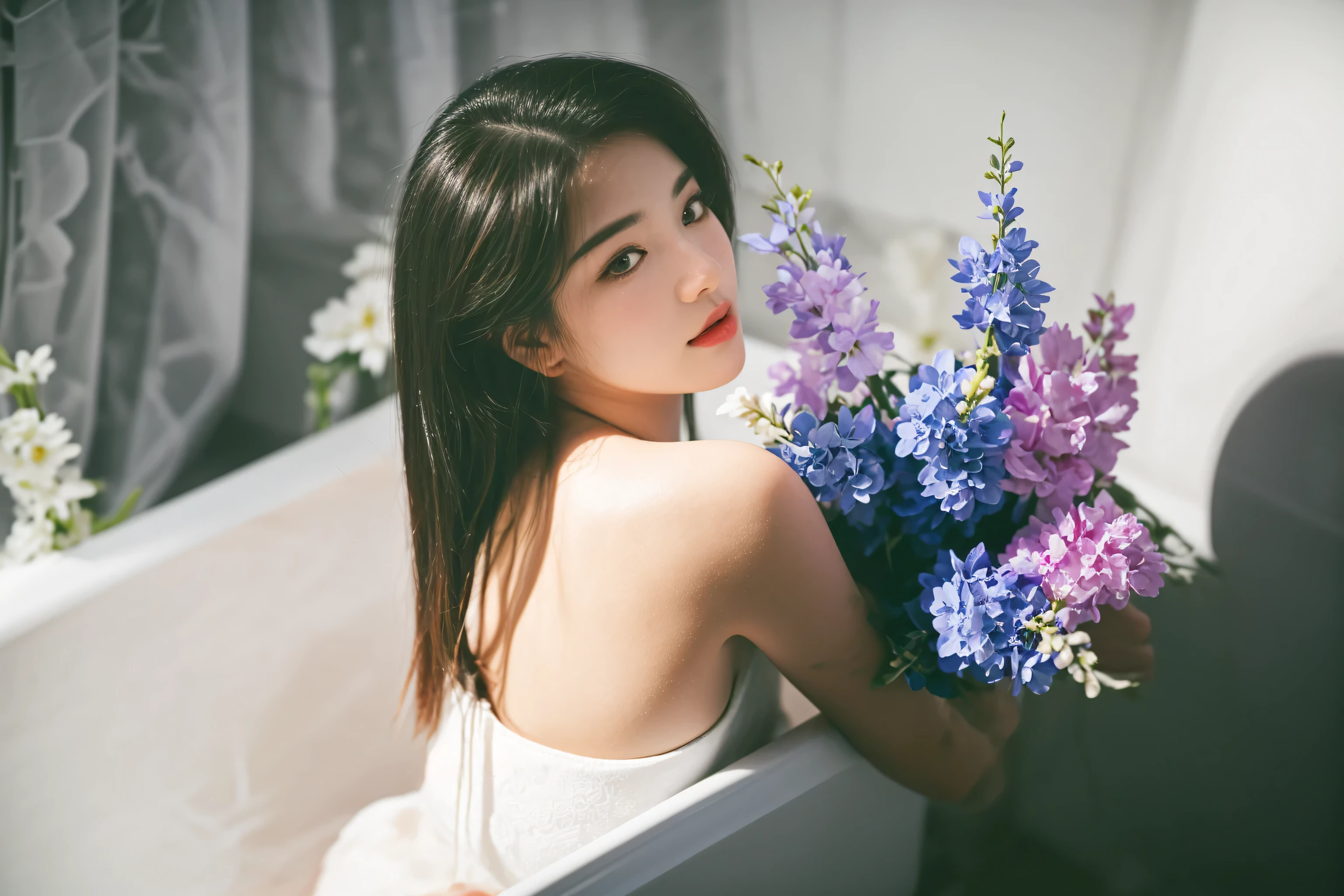 there is a woman sitting in a bathtub holding a bouquet of flowers, with flowers, photo taken with sony a7r, shot with canon eoa 6 d mark ii, sitting with flowers, woman in flowers, taken with canon eos 5 d mark iv, with frozen flowers around her, captured on canon eos r 6, beautiful young korean woman