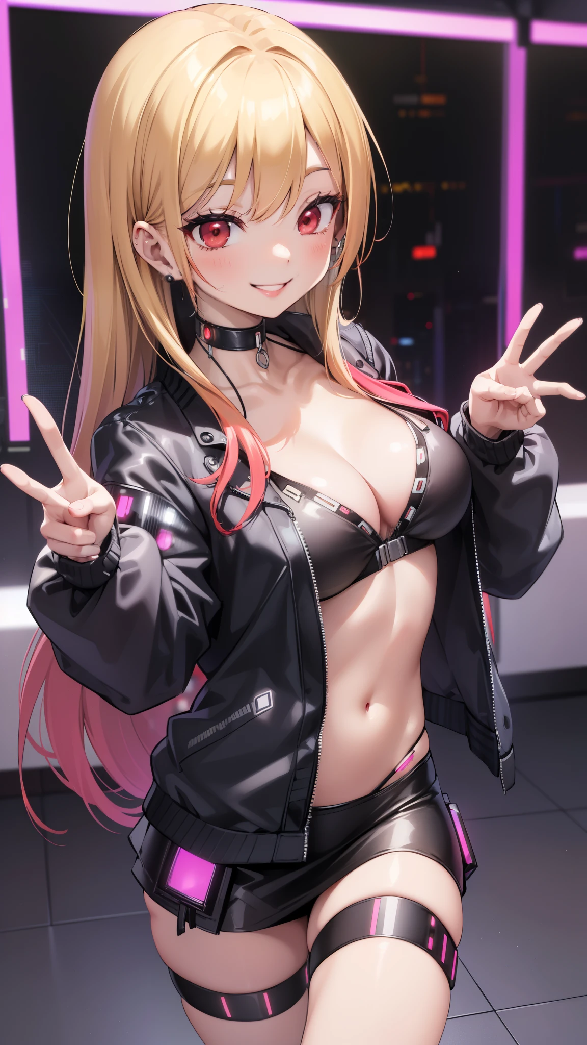 hight resolution, absurdres, best_Quality, Ultra_Detailled, 8K, extremely_clear, photo, beautiful, Beautiful face, Scharp Focus, HDR, 1girl, Clean eyes, very wide-eyed,cyberpunk megacity background , hanabi, Beautiful face, very red areola, standing , very seductive pose, very young, teen, no bra, bare chest, No Top, NSFW, Blond long hair with red ends, pierced ears, marin kitagawa, small tits, twintails