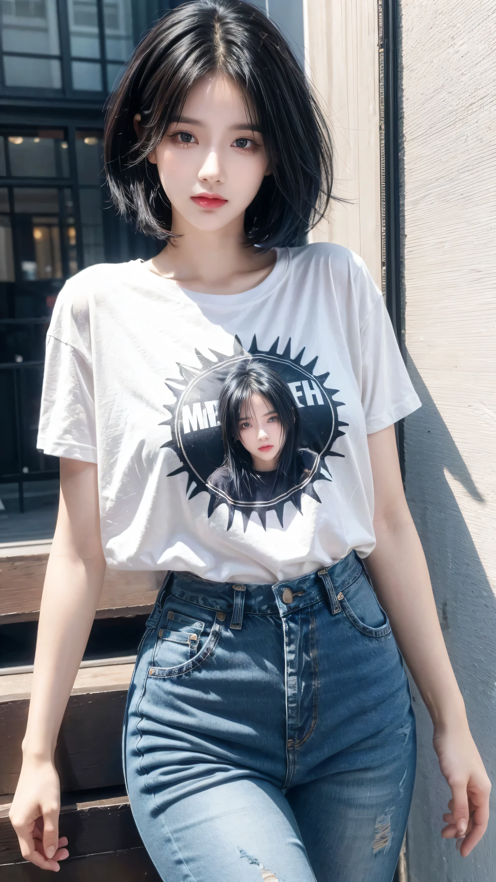 best quality, 1 Girl, dark blue hair, black eyes, Very short hair, Spiky hair, Ahog, t-shirt, High waist jeans, 171 cm, Messy hair, Hair between the eyes, Medium breasts, full, Tomboy, aldult, 20 years old, 1 Girl