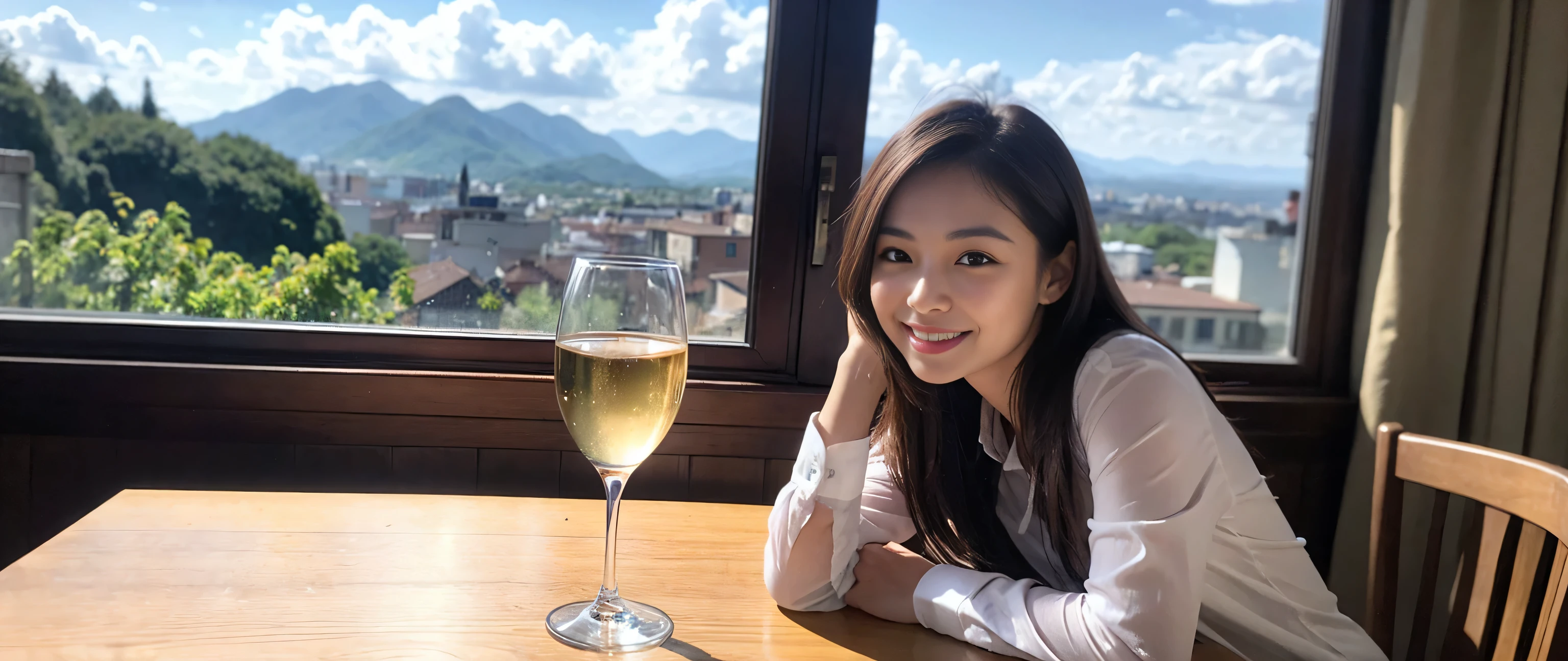 ((highest quality、8k、masterpiece:1.3))、Sharp focus:1.2、Beautiful woman perfect body:1.4、Slim body、((Bob Hale、Straight hair:1.2))、(to be born, highest quality, masterpiece:1.5), (Realistic, Intricate details:1.2), Ultra-high resolution, Put the light on your face、Amazing view of the sunset sky and clouds、Amazing mountain views、A bright smile、A lovely woman with a smile、Bright image、2. The beauty of wine, Beautiful Face, blue eyes, The light shines on your face, Blushing, short hair,Bright Face、Fox face、 (36 years old), 39 years old, Lady、red wine 、Appetizers、Italian food、Wine bottle、Champagne、sparkling wine、Two beauties、Brown Hair、Shortcuts、Long sleeve shirt、dress、Pretty Woman 1, (Slim face), (The body is slim), (Brown Hair), (Shortcuts), cheeks turn a little red,Attractive beauty、, Out of the window, A beautiful and detailed night view unfolds.........., restaurant, In a prominent place (From the waist up) Nova Frog Style, actress, model, Upper Body, White wine, slim, wine glass, A wine glass placed in the middle, smile, (smile: 1.15), Beautiful fine grain, Depth f/2,saturation, High Contrast, Strong light and shadow,Moist Body:1.5、3D texture、Delicate eyes、Brown Hair、The hair is very shiny、
