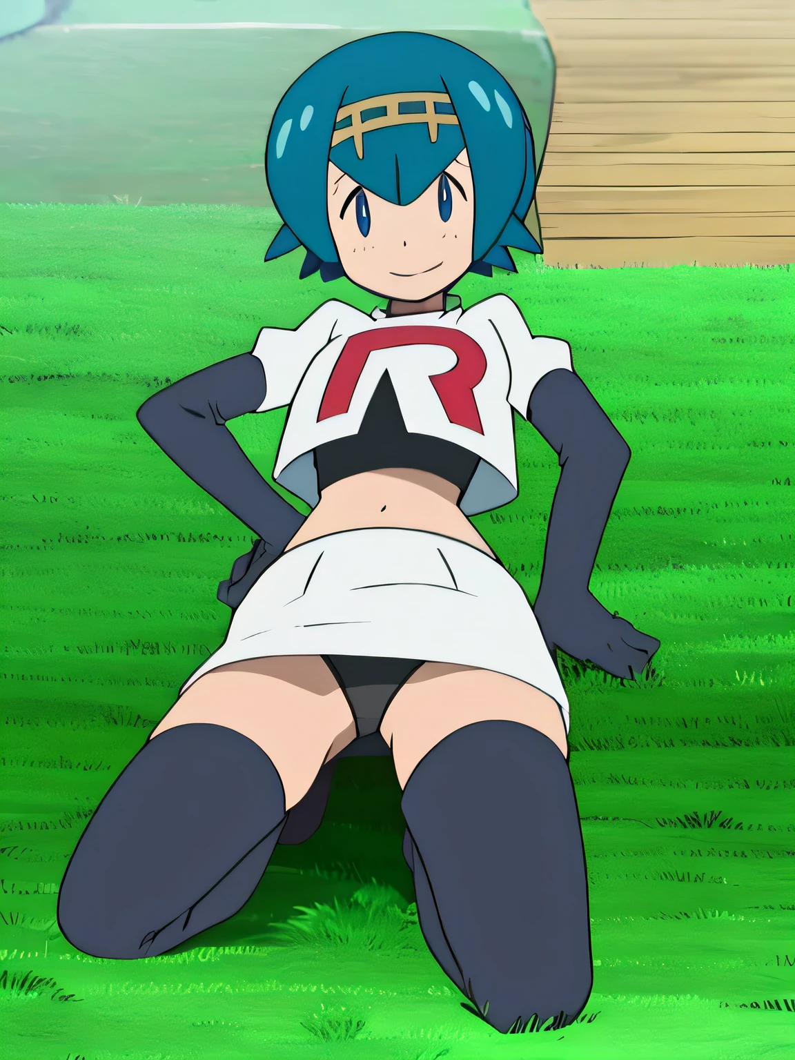 View of the valley, with grass, team rocket uniform, red letter r, white skirt,white crop top,black thigh-high boots, black elbow gloves, evil smile, looking at viewer, hands on hips,spread legs,black panties
