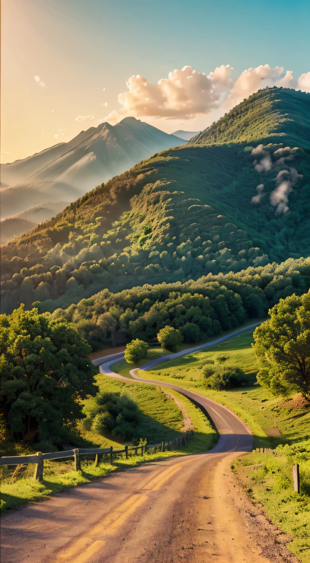 (best quality,4k,8k,highres,masterpiece:1.2),ultra-detailed,(realistic,photorealistic,photo-realistic:1.37),landscape,scenic view,serene atmosphere,nature,greenery,dreamlike,rays of sunlight,golden hour,peaceful,quiet,tranquil,country side,unpaved road,endless path,distance,exploration,adventure,beginning,new journey,unknown destination,wonder,,possibilities,lush trees,twisting and turning,mountains in the distance,warm colors,soft shadows,mild breeze,hopeful,fresh start,forward motion.