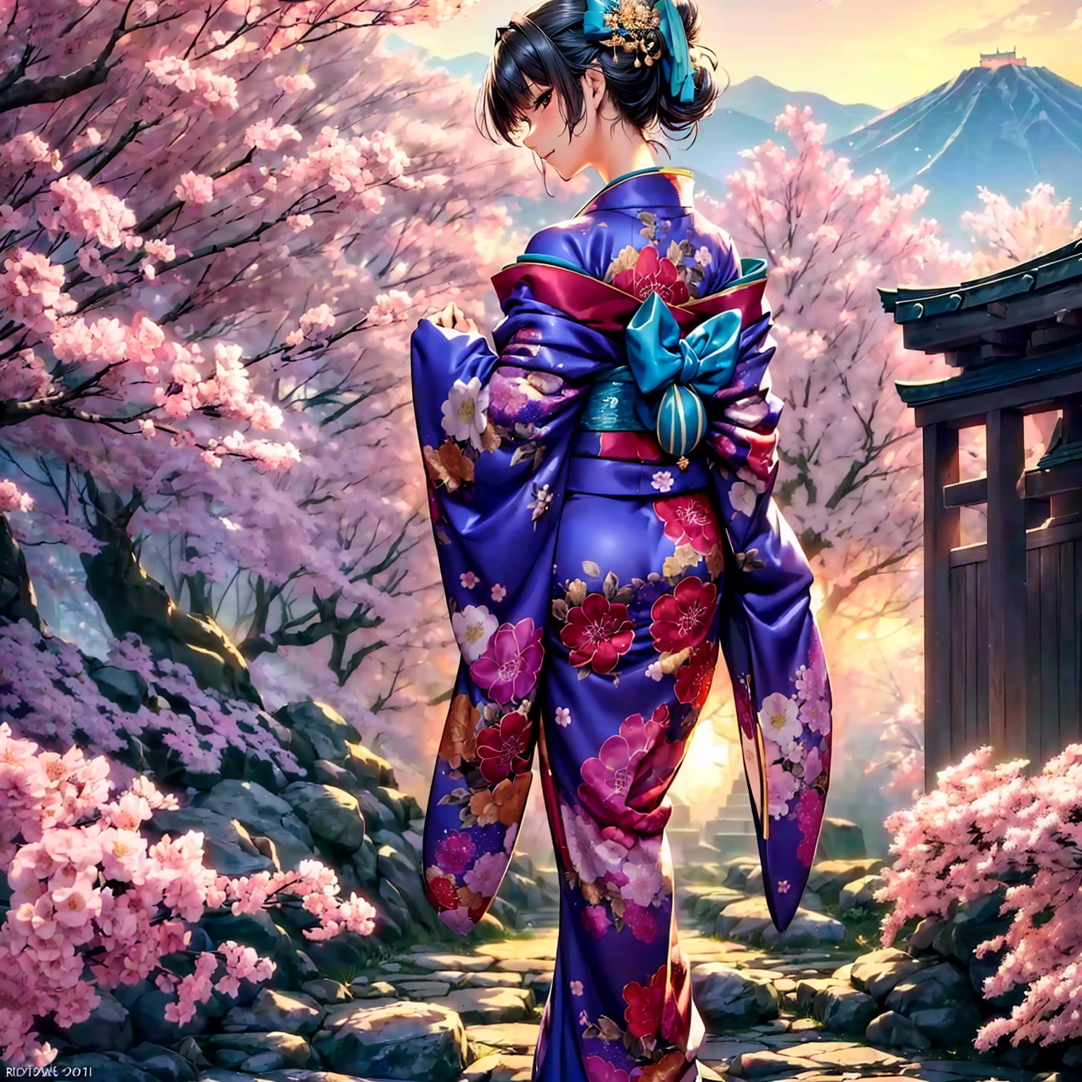(((highest quality、masterpiece、Very high resolution、Highly detailed images))),(Beauty Painting),(A woman of perfect and ultimate beauty:18-year-old, Beautiful body:Slender and beautiful breasts、Beautiful Face:smile、Beautiful colorsの髪:Japanese hairstyle and Japanese hair accessories,Beautiful Eyes)、(Best skin and hair texture,Realistic texture,Beautiful texture,Smooth texture)、((Beautiful Japanese Kimono:Beautiful colors:Floral,Exposed shoulders from kimono,Her bra and panties are visible through the gap in her kimono..)),Japanese Castle:castle tower,Beautiful Japanese mountain castles,美しいcastle tower,Beautiful stone wall,Japanese style wooden building,Amazing night sky:Starry Sky,Natural light,Beautiful views,Beautiful colors,Beautiful posture,The wind is blowing:Kimono sleeves flutter:Fluttering Hair,Overall image、Accurate Images、Accurate anatomy、Flawless images,Perfect image,Perfect image,Beautiful images,Beautiful images,(Best Shot:1.2,RAW Photos:1.2)