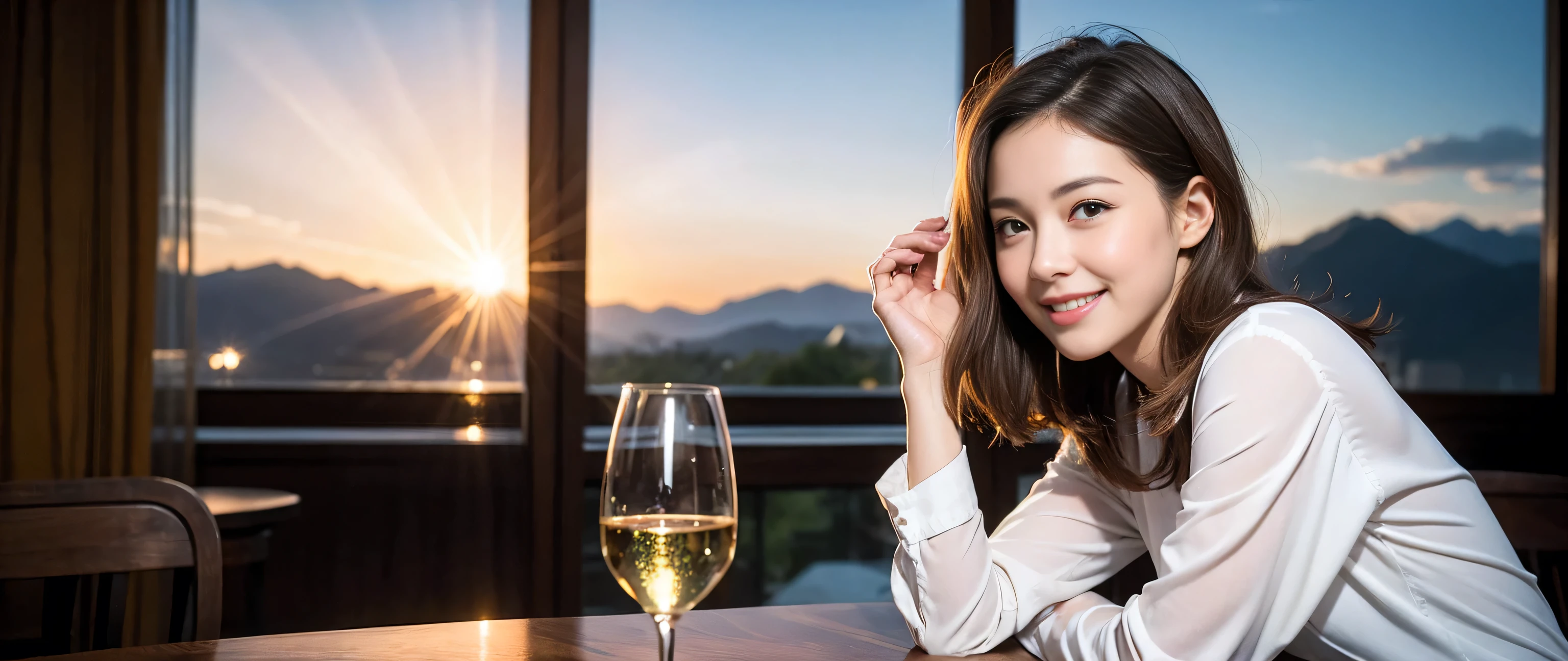((highest quality、8k、masterpiece:1.3))、Sharp focus:1.2、Beautiful woman perfect body:1.4、Slim body、((Bob Hale、Straight hair:1.2))、(to be born, highest quality, masterpiece:1.5), (Realistic, Intricate details:1.2), Wine on the table、, shine a light on your face、Amazing view of the sunset sky and clouds、Amazing mountain views、A bright smile、A lovely woman with a smile、Bright image、2. The beauty of wine, Beautiful Face, blue eyes, The light shines on your face, Blushing, short hair,Bright Face、Fox face、 (41 years old), 39 years old, Lady、red wine 、Appetizers、Italian food、Wine bottle、Champagne、sparkling wine、Two beauties、Brown Hair、Shortcuts、Long sleeve shirt、dress、Pretty Woman 1, (Slim face), (The body is slim), (Brown Hair), (Shortcuts), cheeks turn a little red,Attractive beauty、, Out of the window, A beautiful and detailed night view unfolds.........., restaurant, In a prominent place (From the waist up) Nova Frog Style, actress, model, Upper Body, White wine, slim, wine glass, A wine glass placed in the middle, smile, (smile: 1.15), Beautiful fine grain, Depth f/2,saturation, High Contrast, Strong light and shadow,Moist Body:1.5、3D texture、Delicate eyes、Brown Hair、The hair is very shiny、