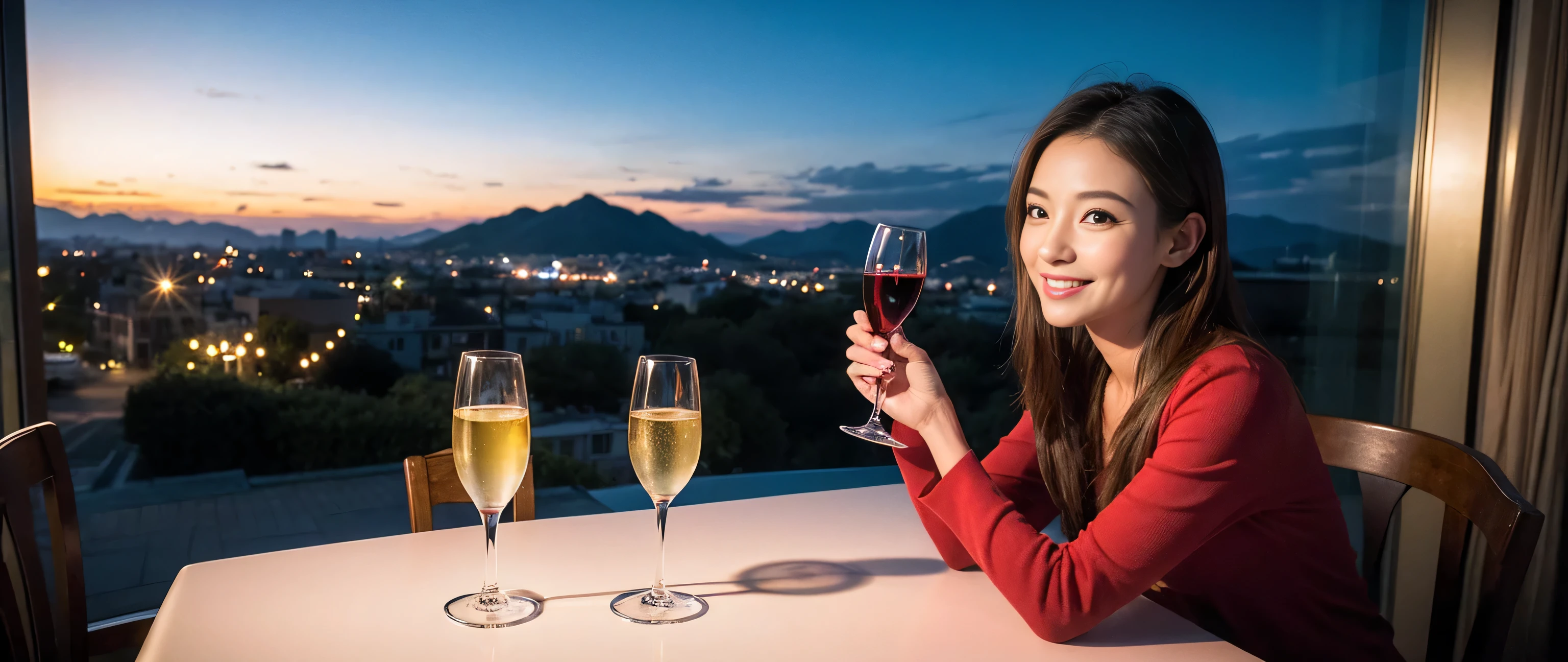 ((highest quality、8k、masterpiece:1.3))、Sharp focus:1.2、Beautiful woman perfect body:1.4、Slim body、((Bob Hale、Straight hair:1.2))、(to be born, highest quality, masterpiece:1.5), (Realistic, Intricate details:1.2), Wine on the table、, shine a light on your face、Amazing view of the sunset sky and clouds、Amazing mountain views、A bright smile、A lovely woman with a smile、Bright image、2. The beauty of wine, Beautiful Face, blue eyes, The light shines on your face, Blushing, short hair,Bright Face、Fox face、 (41 years old), 39 years old, Lady、red wine 、Appetizers、Italian food、Wine bottle、Champagne、sparkling wine、Two beauties、Brown Hair、Shortcuts、Long sleeve shirt、dress、Pretty Woman 1, (Slim face), (The body is slim), (Brown Hair), (Shortcuts), cheeks turn a little red,Attractive beauty、, Out of the window, A beautiful and detailed night view unfolds.........., restaurant, In a prominent place (From the waist up) Nova Frog Style, actress, model, Upper Body, White wine, slim, wine glass, A wine glass placed in the middle, smile, (smile: 1.15), Beautiful fine grain, Depth f/2,saturation, High Contrast, Strong light and shadow,Moist Body:1.5、3D texture、Delicate eyes、Brown Hair、The hair is very shiny、