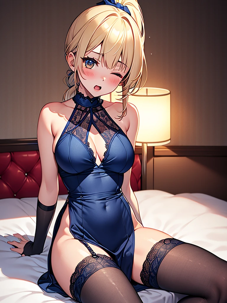 (highest quality, High resolution, perfect pixel, Depth of bounds written, 4K), hotel room, detailed eyes, (1 lady), tall, (skinny body:1.2) , (thin thighs:1.2), large breasts, (side boob), blond hair, (ponytail:1.2), (midnight blue one side slit dress:1.2), (sleeveless), cross halter, bare back, elbow gloves, (lace legwear:1.2), (sexy pose sitting sideways on the bed:1.2), (surprised), (one eye closed), blush, open mouth,