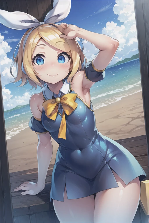 (((masterpiece))), ((highest quality)), ((Very detailed)), ((High resolution)), ((8k)), ((Anatomically correct)), One Woman, Kagamine Rin, Vocaloid, Blonde Hair, short hair, Short, Very cute woman, delicate, Charming smile, Blue eyes, Bright Eyes, Best moment, Vivid eyes, Beautiful Skin, Cute face, delicateな腕, Detailed skin texture, Intricate details, Very detailedな顔, Beautiful Eyes, Beautiful curves, View your viewers, Cheerful expression,