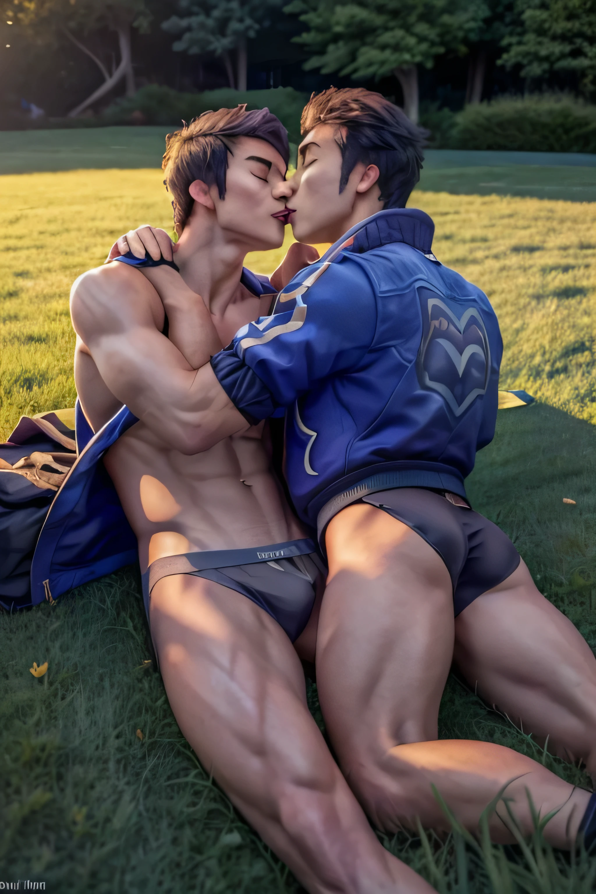 2 guys kissing each other, ((1 yoru on the left), laying in grass, shirtless, fully shirtless, jacket, calvin Klein underwear,kissing yoru on right),

((1 yoru on the right), laying in grass, shirtless, calvin Klein underwear, kissing yoru on left)