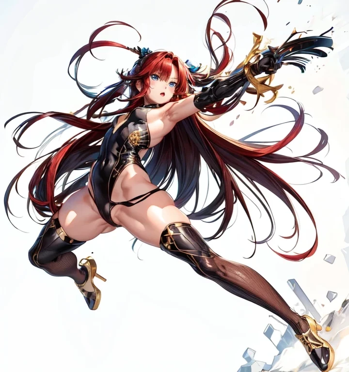 ((highest quality)), ((masterpiece)), (Very detailed), (Very high resolution), 4k, Anime 2D Rendering, Realistic,
One Girl:1.5, The whole body is visible:1.6,
BREAK Symmetrical Face:1.4, Perfect Face, Beautiful clavicle, Beautiful fingers, Beautiful breasts, (Slightly smaller chest),
Beautiful body, Beautiful thighs, Beautiful feet, Perfect round butt, (Detailed skin), Beautiful white skin:1.2, Shiny skin:1.4,
BREAK Baby Face, cute, 18-year-old,
Double eyelids, Natural eyebrows,
(Slanted Eyes), Beautiful and delicate eyes, Sparkling eyes, (Dark blue eyes),
Glossy mouth,
BREAK Beautiful Hair, Shiny Hair, Hair fluttering, (Red hair), Long Hair:1.4,
BREAK Black leotard:1.4, Black knee-high stockings:1.4, Black high heels