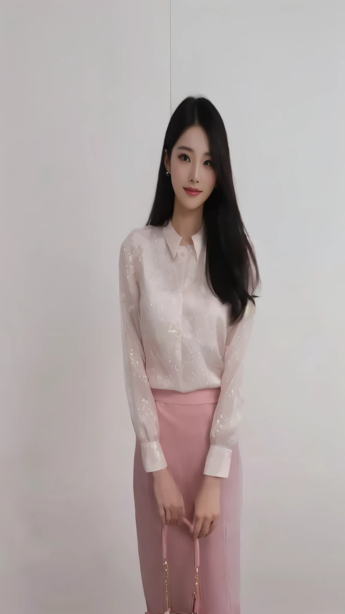 Woman wearing a pink skirt and white top holding a purse, Korean female actresses, wearing a blouse, Dressed in elegant clothes, Kimi Takemura, full body xianxia, japanese model, white and light pink outfit, Dil'rabah Dilmurat, in front of white back drop, Korean female fashion model, Gemma Chen, harumi