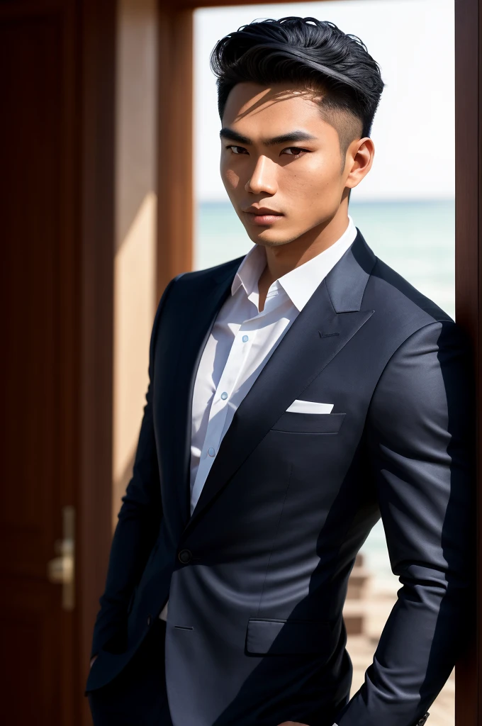 Full body, very real photo of a 24-year-old Indonesian businessman, eyes as deep and captivating as the ocean blue, framed by lashes that cast long shadows. Short black hair, slicked back in a sophisticated style. In the background, an ultra close-up macro shot of intricate, ultra contrast decorative elements, adding a sense of depth and mystery. His skin, rich and dark like the finest chocolate, glows under the dim lighting. Detailed facial features, each line etched perfectly, showcasing a handsome, strong jawline and masculine features. The intricate details of his eyes reflecting the same intensity and character as the businessman himself. Best Quality,