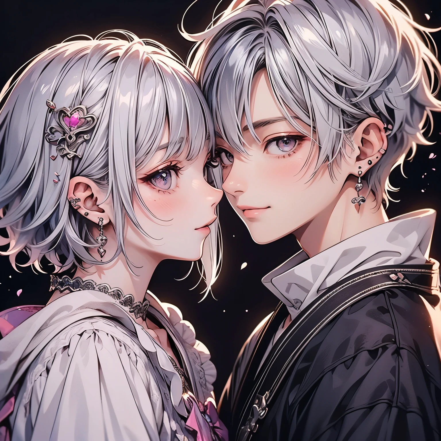 1 female、Adult male、20-year-old、Beautiful youth、Short Hair、Perfect Face、Beautiful Face、Handsome、anime、Silver Hair、prince、whole body、princeと姫、Looking at each other and laughing