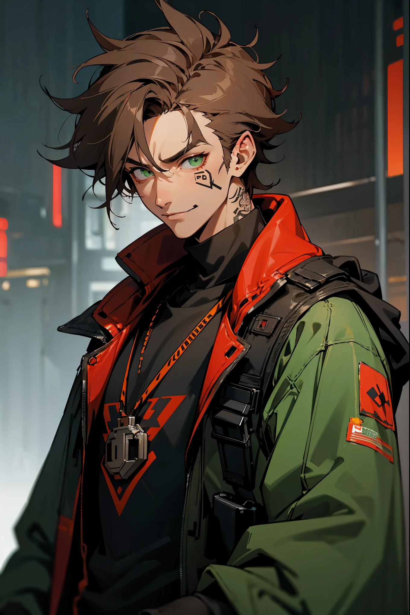 1male, tan skin, hindi, brown hair, patterened green eyes, messy hair, cyberpunk face implant, neck tattoos, modern clothing, black baggy undershirt, red overcoat, cyberpunk city background, detailed background, slight smile