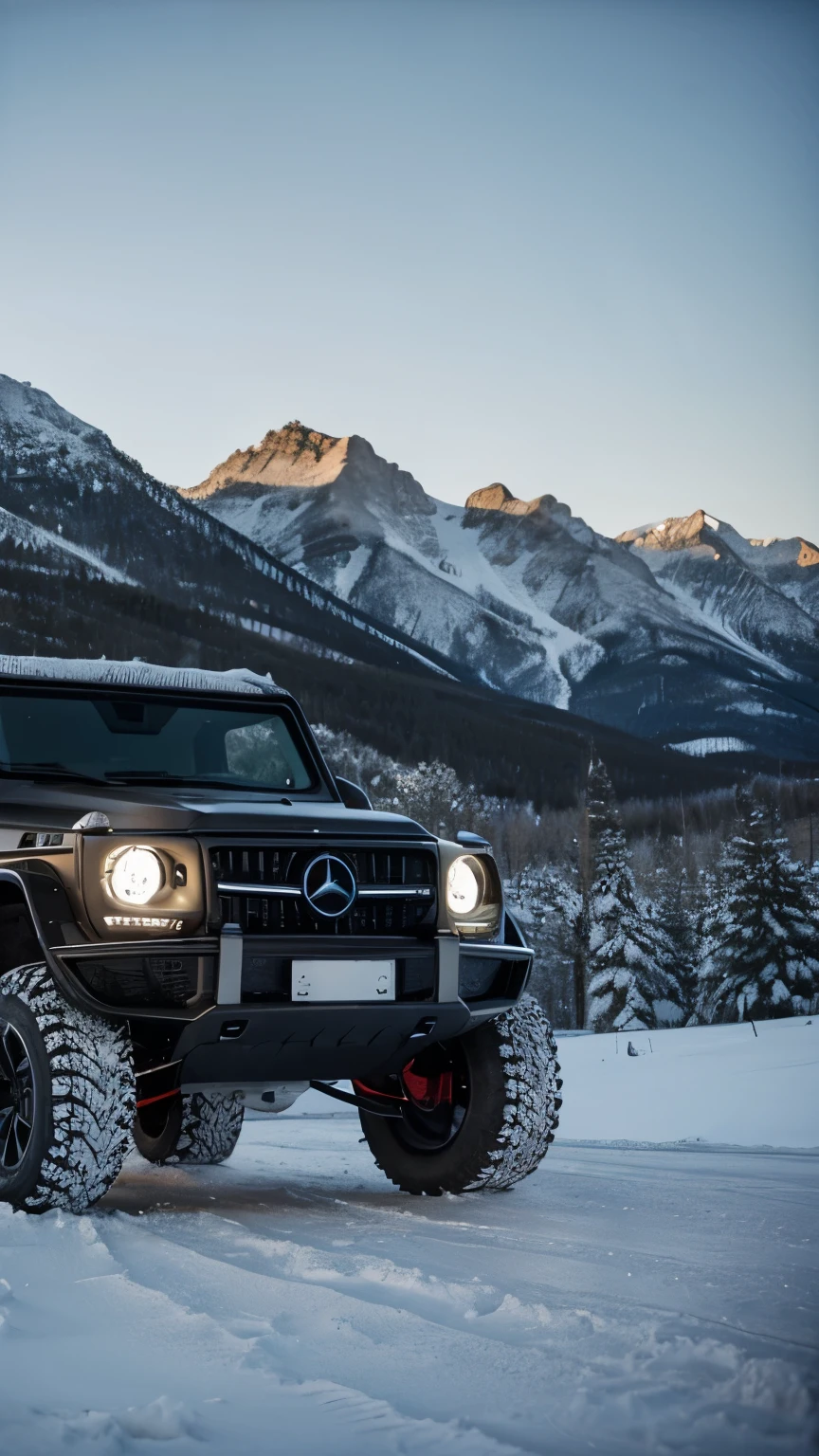 Night time, Sky Full of Stars, milky way galaxy visible in the sky, Aurora Borealis, Full Body Shot, Dramatic, Hollywood, Motion, on frozen lake, There is a custom matte black Mercedes G63, Huge Monster Truck tires and wheels, custom body job, halogen headlights, blacked out windows, with race stickers on the windshield and body of the car, there are mud stains on the sides of the car near the wheels. It is driving a rocky terrain in Aspen, Colorado. It is day time, and there are trees and cliffs in the background. Ultrarealistic, 8K, 16K, Photorealistic, Photorealism, offroad, 4x4, America, Vignette, DSLR
