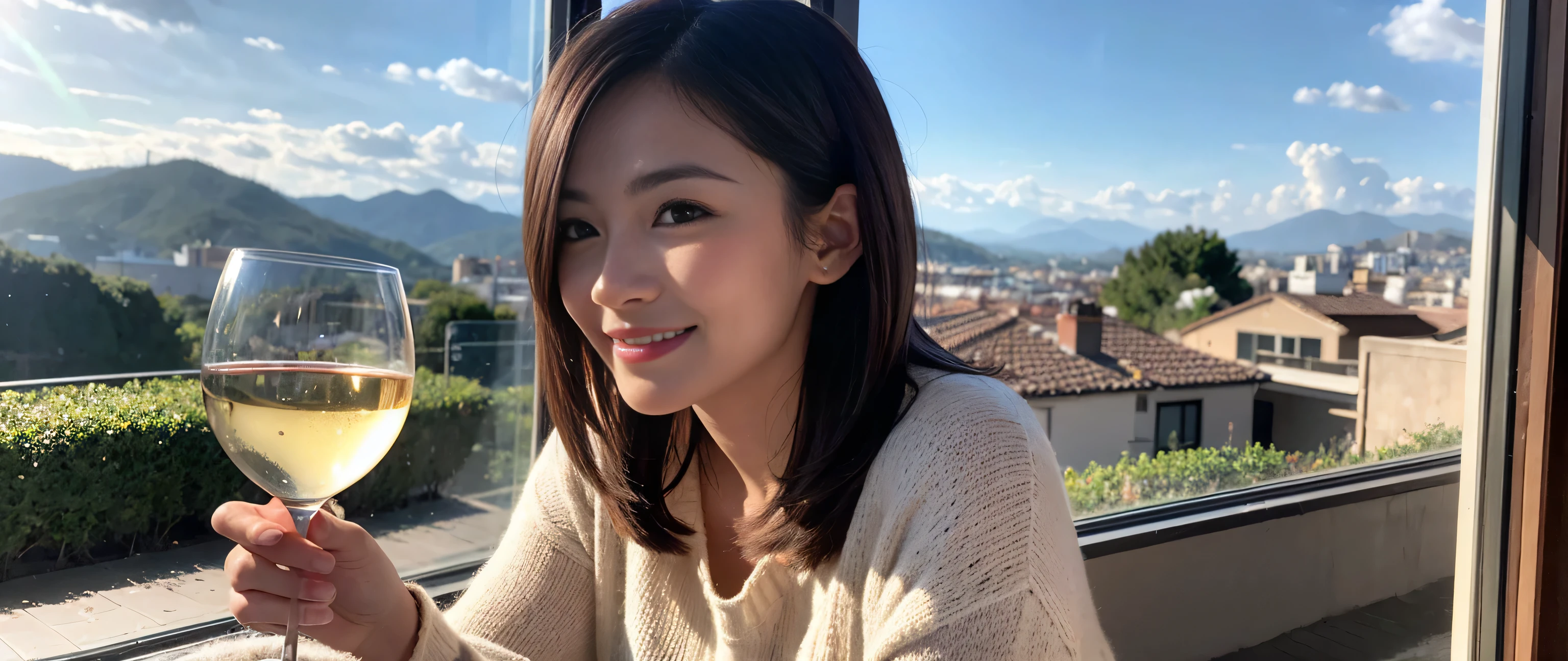 ((highest quality、8k、masterpiece:1.3))、Sharp focus:1.2、Beautiful woman perfect body:1.4、Slim body、((Bob Hale、Straight hair:1.2))、(to be born, highest quality, masterpiece:1.5), (Realistic, Intricate details:1.2), Ultra-high resolution, Put the light on your face、Amazing view of the sunset sky and clouds、Amazing mountain views、A bright smile、A lovely woman with a smile、Bright image、2. The beauty of wine, Beautiful Face, blue eyes, The light shines on your face, Blushing, short hair,Bright Face、Fox face、 (36 years old), 39 years old, Lady、red wine 、Appetizers、Italian food、Wine bottle、Champagne、sparkling wine、Two beauties、Brown Hair、Shortcuts、Long sleeve shirt、dress、Pretty Woman 1, (Slim face), (The body is slim), (Brown Hair), (Shortcuts), cheeks turn a little red,Attractive beauty、, Out of the window, A beautiful and detailed night view unfolds.........., restaurant, In a prominent place (From the waist up) Nova Frog Style, actress, model, Upper Body, White wine, slim, wine glass, A wine glass placed in the middle, smile, (smile: 1.15), Beautiful fine grain, Depth f/2,saturation, High Contrast, Strong light and shadow,Moist Body:1.5、3D texture、Delicate eyes、Brown Hair、The hair is very shiny、