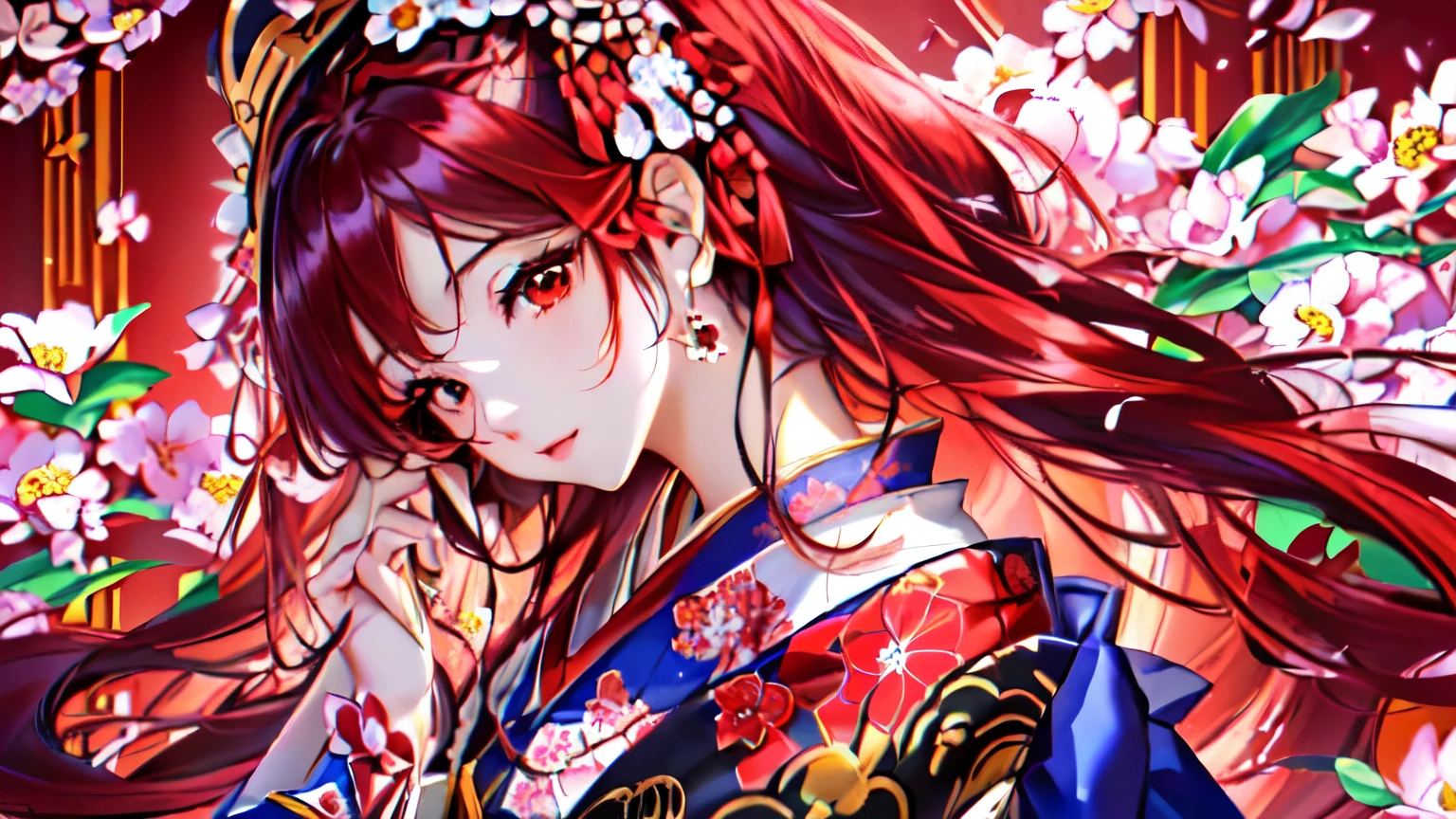 I have long hair and、Anime girl with red flower in her hair, Anime Style 4k, Detailed digital anime art, anime art wallpaper 4k, anime art wallpaper 4k, Japanese art style, Portrait of an Onmyoji, Digital anime illustration, palace , Girl in Hanfu, anime art wallpaper 8k, Beautiful anime portraits, Detailed portrait of an anime girl, Detailed anime artwork