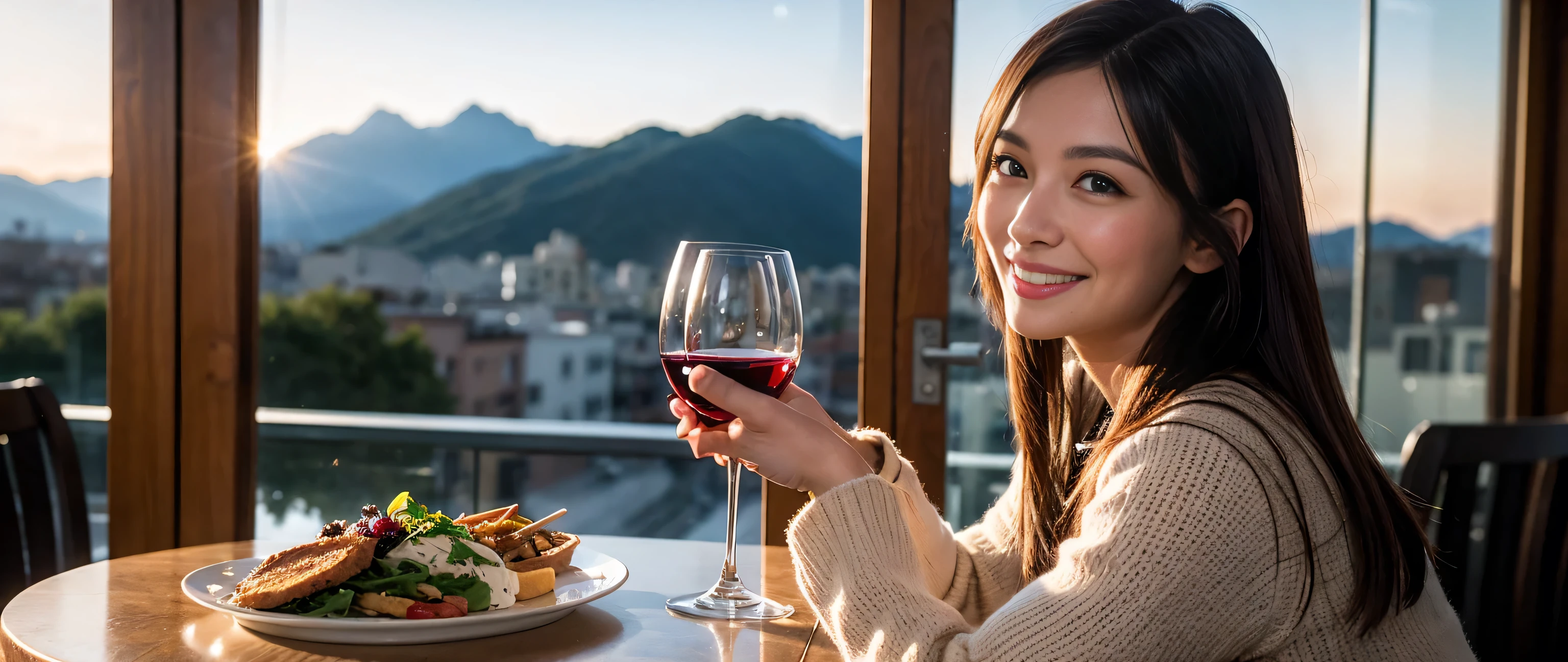 ((highest quality、8k、masterpiece:1.3))、Sharp focus:1.2、Beautiful woman perfect body:1.4、Slim body、((Bob Hale、Straight hair:1.2))、(to be born, highest quality, masterpiece:1.5), (Realistic, Intricate details:1.2), Ultra-high resolution, Put the light on your face、Amazing view of the sunset sky and clouds、Amazing mountain views、A bright smile、A lovely woman with a smile、Bright image、2. The beauty of wine, Beautiful Face, blue eyes, The light shines on your face, Blushing, short hair,Bright Face、Fox face、 (36 years old), 39 years old, Lady、red wine 、Appetizers、Italian food、Wine bottle、Champagne、sparkling wine、Two beauties、Brown Hair、Shortcuts、Long sleeve shirt、dress、Pretty Woman 1, (Slim face), (The body is slim), (Brown Hair), (Shortcuts), cheeks turn a little red,Attractive beauty、, Out of the window, A beautiful and detailed night view unfolds.........., restaurant, In a prominent place (From the waist up) Nova Frog Style, actress, model, Upper Body, White wine, slim, wine glass, A wine glass placed in the middle, smile, (smile: 1.15), Beautiful fine grain, Depth f/2,saturation, High Contrast, Strong light and shadow,Moist Body:1.5、3D texture、Delicate eyes、Brown Hair、The hair is very shiny、