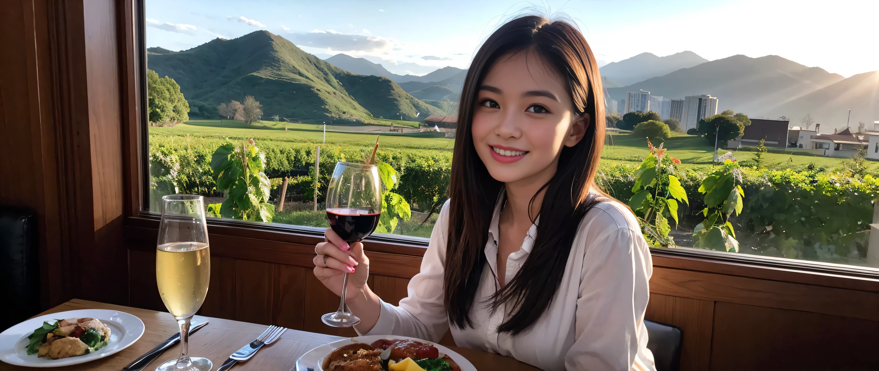 ((highest quality、8k、masterpiece:1.3))、Sharp focus:1.2、Beautiful woman perfect body:1.4、Slim body、((Bob Hale、Straight hair:1.2))、(to be born, highest quality, masterpiece:1.5), (Realistic, Intricate details:1.2), Ultra-high resolution, Put the light on your face、Amazing view of the sunset sky and clouds、Amazing mountain views、A bright smile、A lovely woman with a smile、Bright image、2. The beauty of wine, Beautiful Face, blue eyes, The light shines on your face, Blushing, short hair,Bright Face、Fox face、 (36 years old), 39 years old, Lady、red wine 、Appetizers、Italian food、Wine bottle、Champagne、sparkling wine、Two beauties、Brown Hair、Shortcuts、Long sleeve shirt、dress、Pretty Woman 1, (Slim face), (The body is slim), (Brown Hair), (Shortcuts), cheeks turn a little red,Attractive beauty、, Out of the window, A beautiful and detailed night view unfolds.........., restaurant, In a prominent place (From the waist up) Nova Frog Style, actress, model, Upper Body, White wine, slim, wine glass, A wine glass placed in the middle, smile, (smile: 1.15), Beautiful fine grain, Depth f/2,saturation, High Contrast, Strong light and shadow,Moist Body:1.5、3D texture、Delicate eyes、Brown Hair、The hair is very shiny、